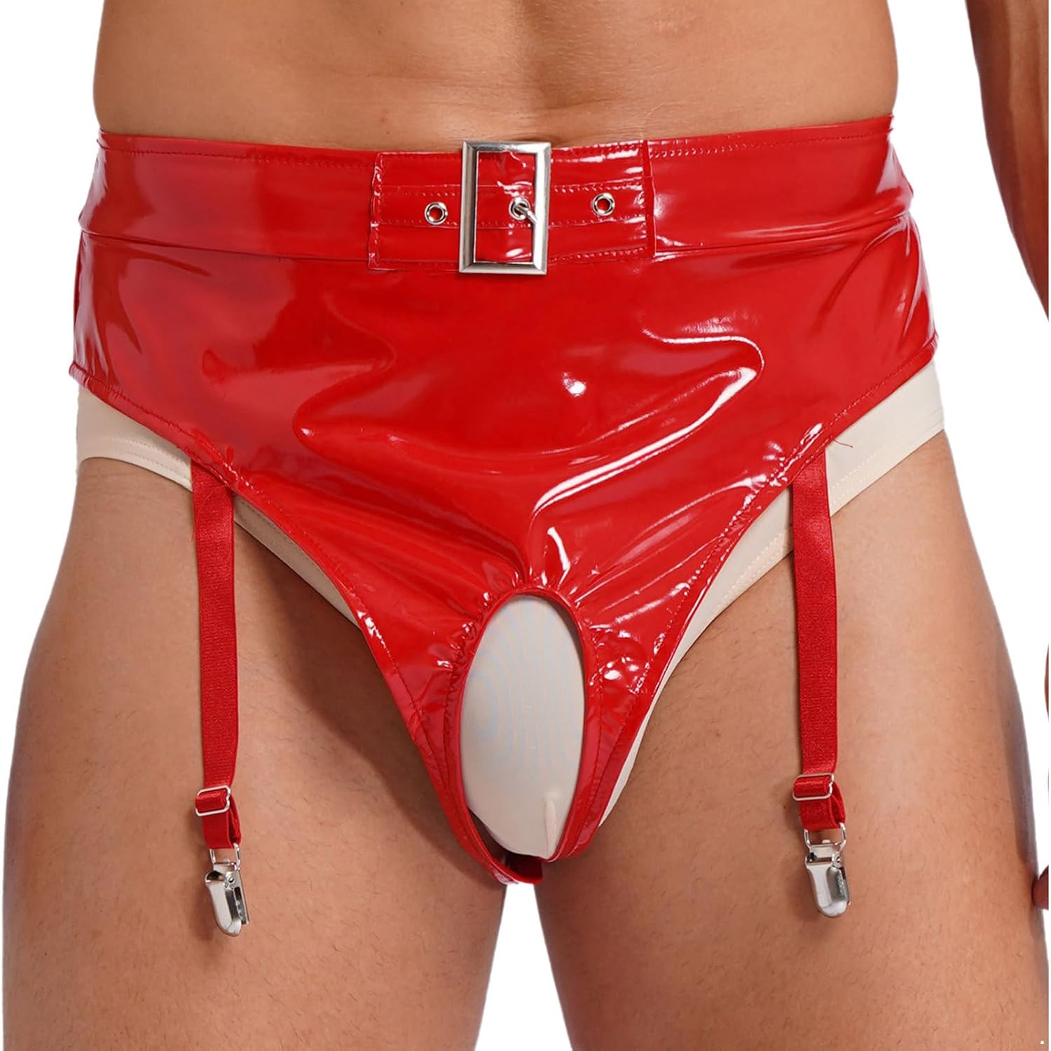CHICTRY Mens Patent Leather Briefs Underwear with Garter Clips High Waist Open Crotch Lingerie Clubwear