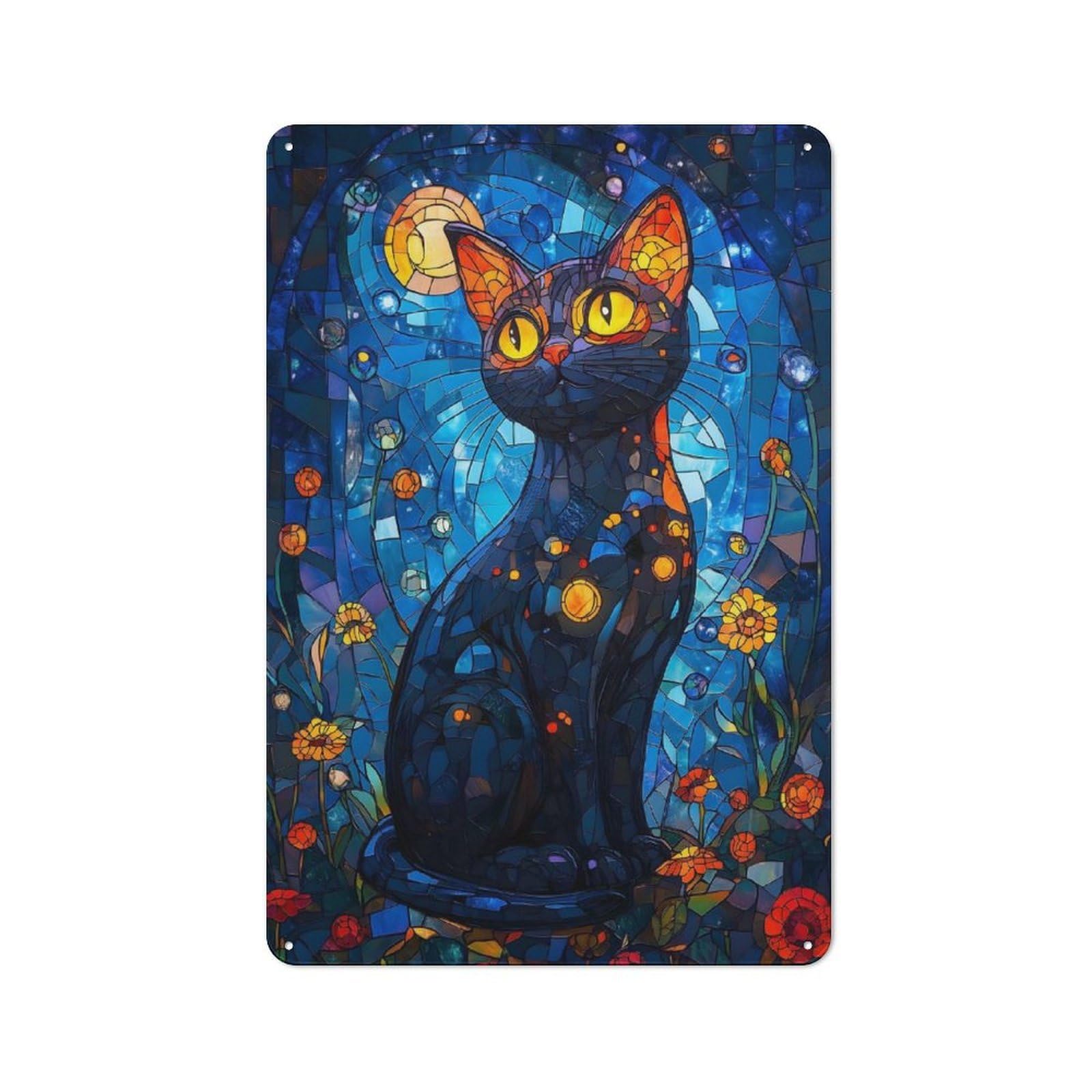 Junmoney Style-9 30X20cm Retro Metal Sign With Stained Glass Black Cat With Flowers For Living Room Or Hallway, For Living Room Decor Lovers Refreshing A Room In Autumn