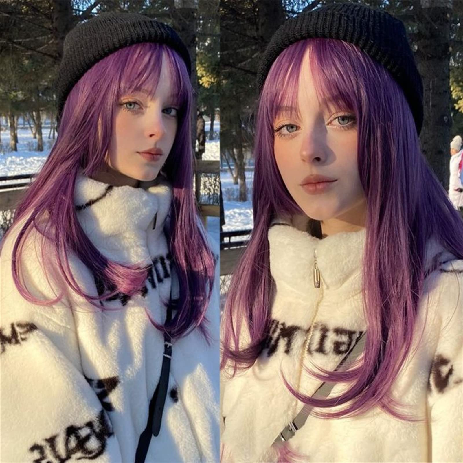 Realistyczne peruki Długie Jedwabiście Proste Włosy Peruka Syntetyczna z Grzywką, Burgundowe Peruki, Naturalnie Wygląd Żaroodporne Syntetyczne Na Codzienne Party Cosplay Fryzura damska