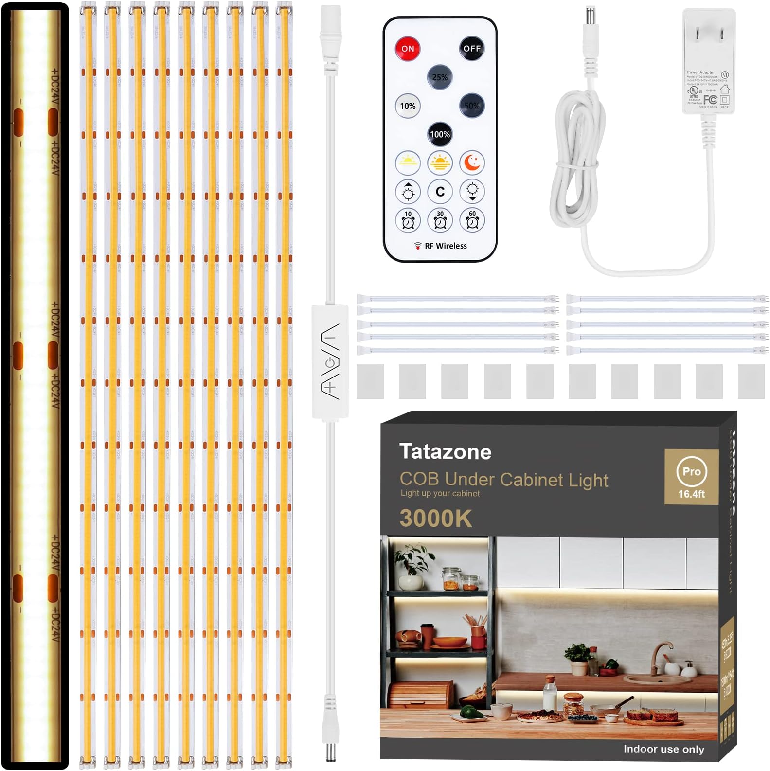 Tatazone10pcs COB Under Cabinet Lighting Kit with RF Remote, 3000K Bright Dimmable COB Under Cabinet Lights Bar, Flexible LED Strip Light for Kitchen Cabinet, Shelf, Counter, Cupboard