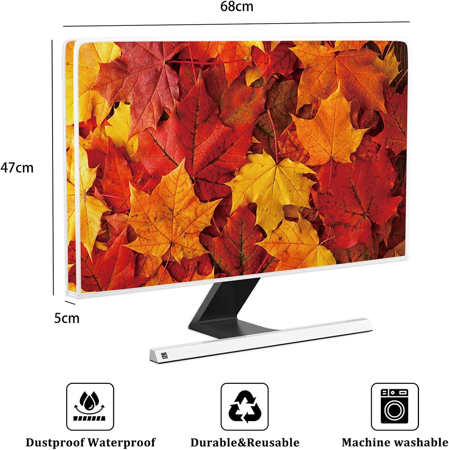 Autumn Maples Monitor Dust Covers 26, 27, 28 Inch Fall Leaves Thanksgiving Day Farmhouse Style Harvest Season Waterproof Computer Monitor Cover Anti-Static Dustproof Protective Cover