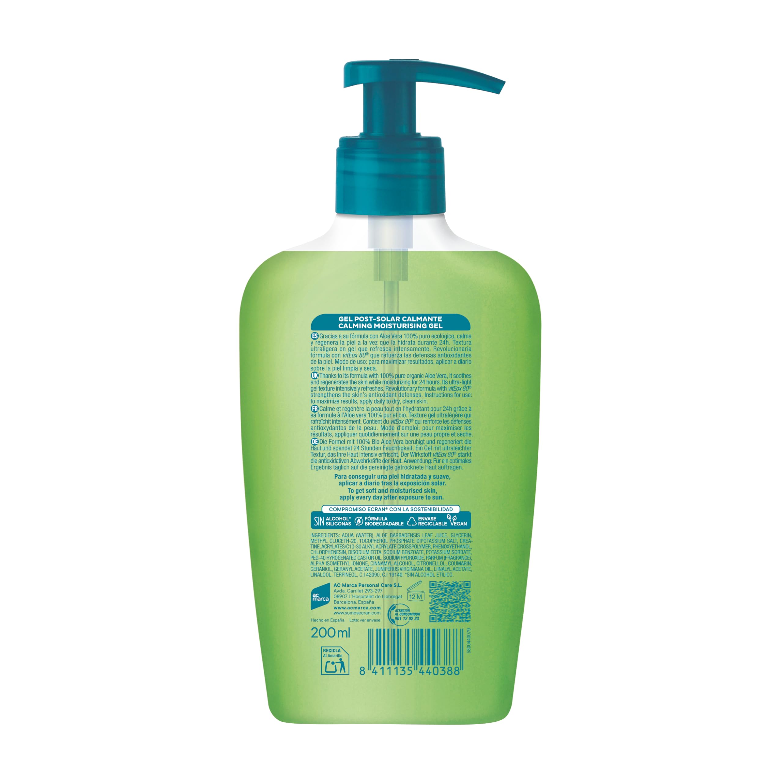 Eine Flasche Ecran After Sun Gel mit Aloe Vera, bereit zur Hautpflege nach dem Sonnenbad.