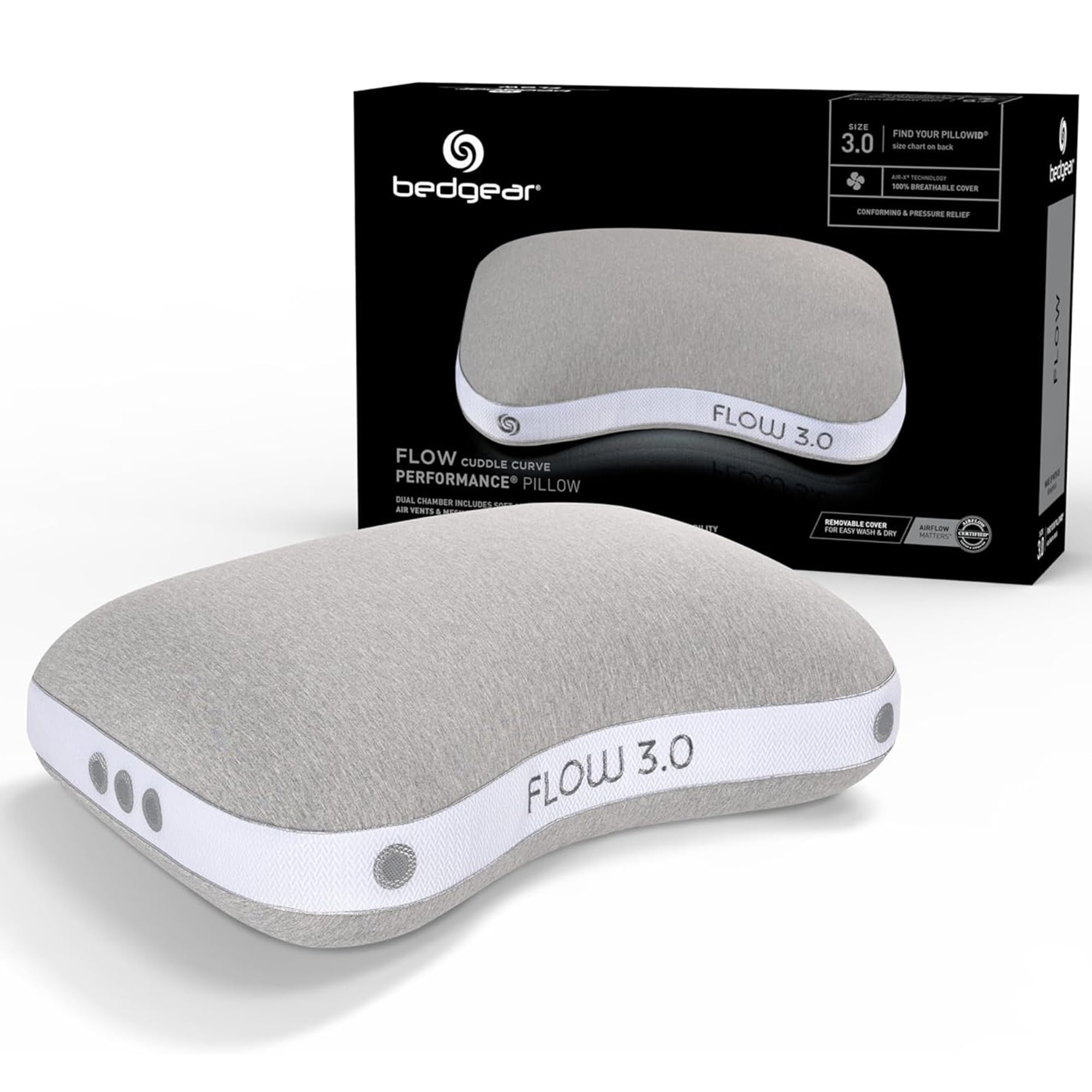 Bedgear Flow Cuddle Curve Pillow - Size 3.0 - Breathable Side Sleeper Pillow - Hybrid Design Bed Pillow - Hypoallergenic and Removable Cover - 20