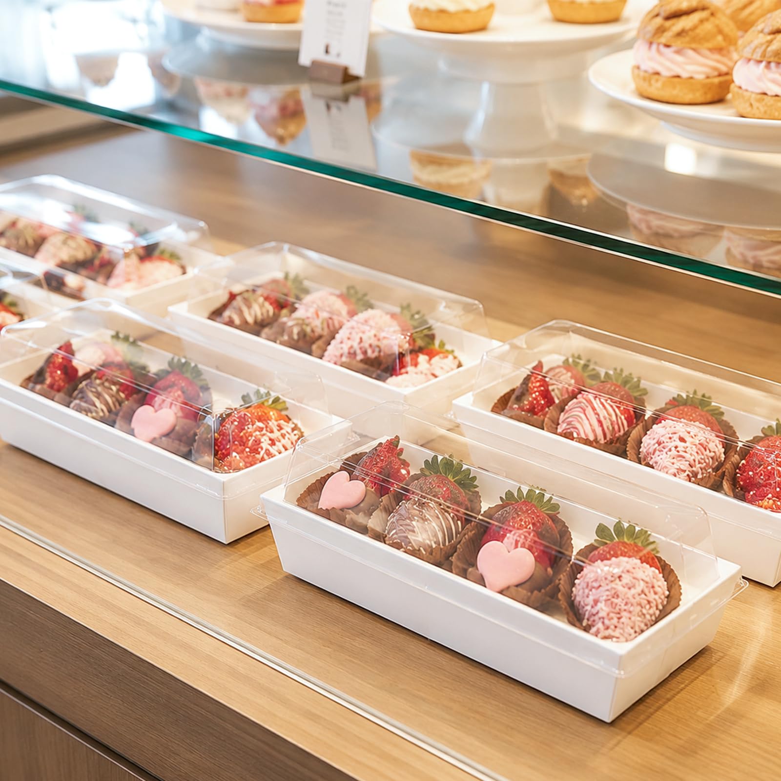 Dicunoy Paquete de 100 cajas de sándwich con tapas transparentes, cajas de papel para alimentos, bandeja rectangular para alimentos para sushi, pastel suizo, sándwich, galletas, frutas, bombas de