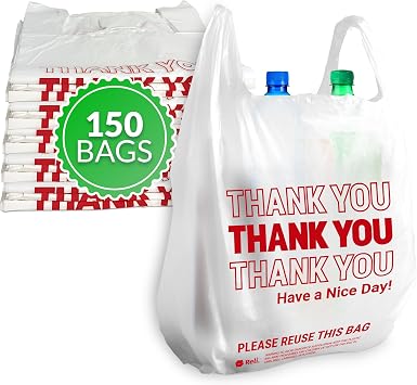 Reli. Thank You Plastic Bags | 150 Pack | 11.5" x 6.5" x 21", White | Plastic Bags with Handles | Ideal for Grocery, Shopping, Food Take Out, Restaurants, Small Business
