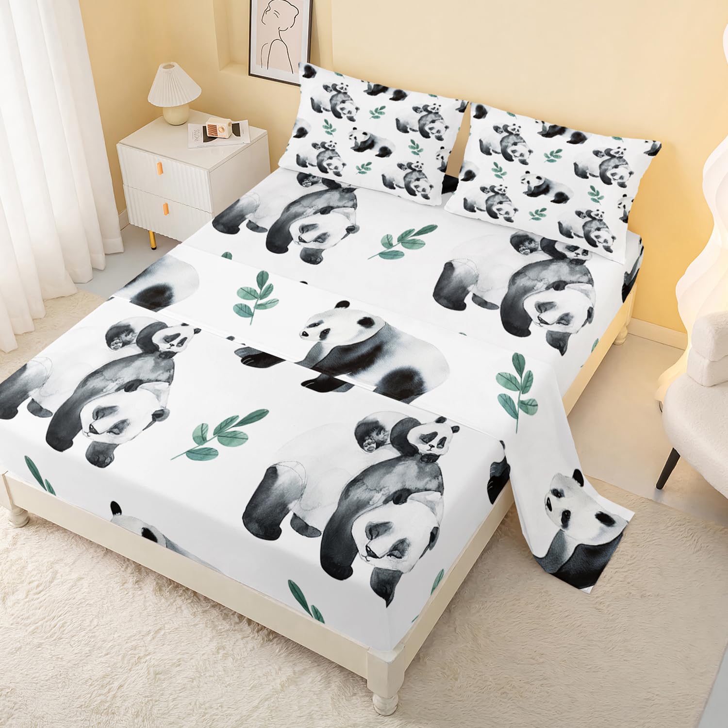 CVHOUSE Panda Fitted Sheet Twin Size - Bedding Set for Boys Girls, Cute Bed Sheet Set, 1 Flat Sheet & 1 Fitted Sheet With 2 Pillow Cases - 4 Piece