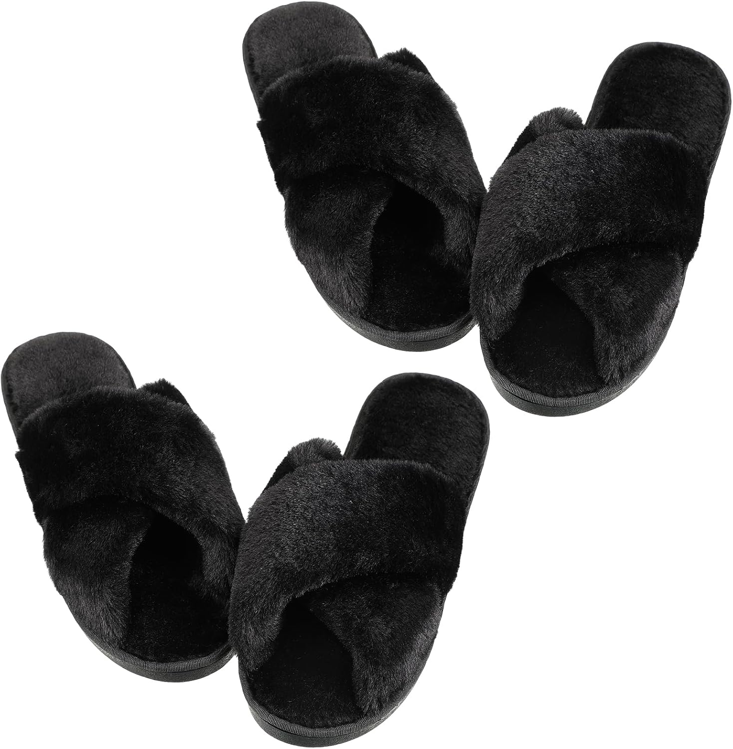 Newcotte 2 Pairs Women's Fuzzy Slippers Cross Band Fluffy Plush Cozy Open Toe House Slippers for Bridesmaid Indoor Outdoor