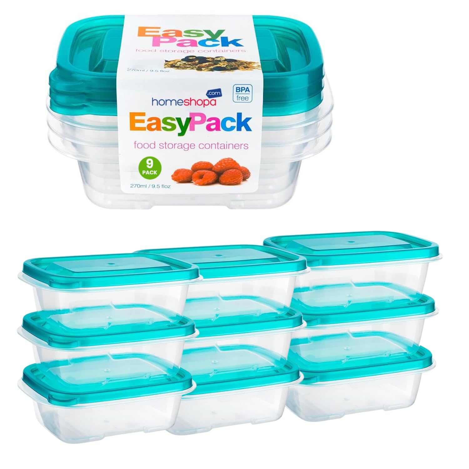 Homeshopa.com Turquoise Homeshopa Food Storage Containers, 9 Pack Rectangular Bpa Free Plastic Containers With Airtight Lids, Reusable, Stackable, Nestable Meal Prep Boxes, Microwavable, Freezer And Dishwasher Safe, 270 Ml