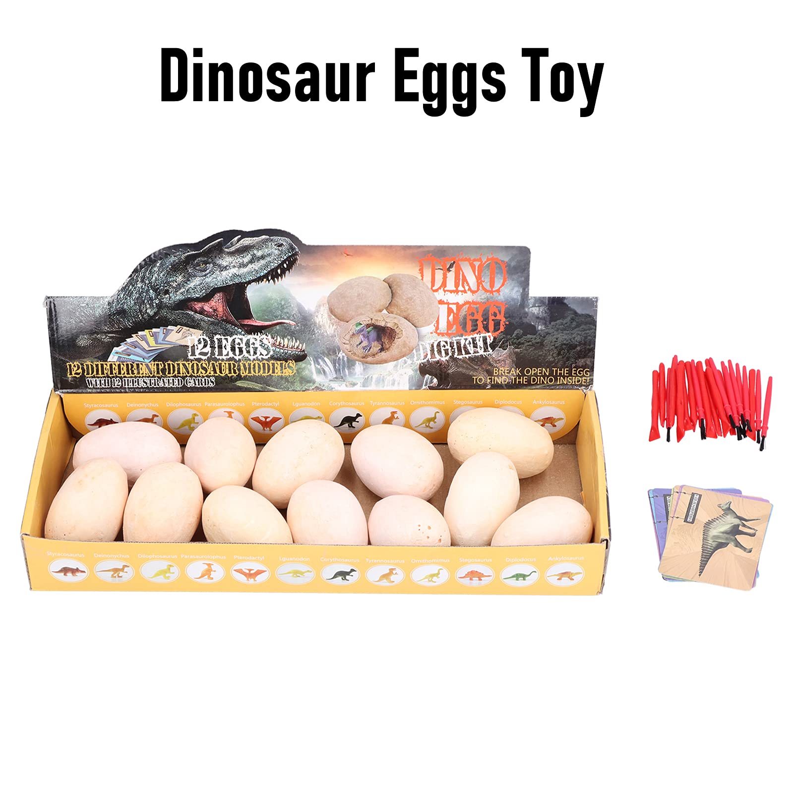 Dinosaurier-Ei-Grabsatz, Simulationsarchäologie-Spielzeug für Kinder, 12-teiliges Dinosaurier-Ausgrabungsset mit Meißeln, Pinseln und Lernkarten, pädagogisches STEM-Geschenk für