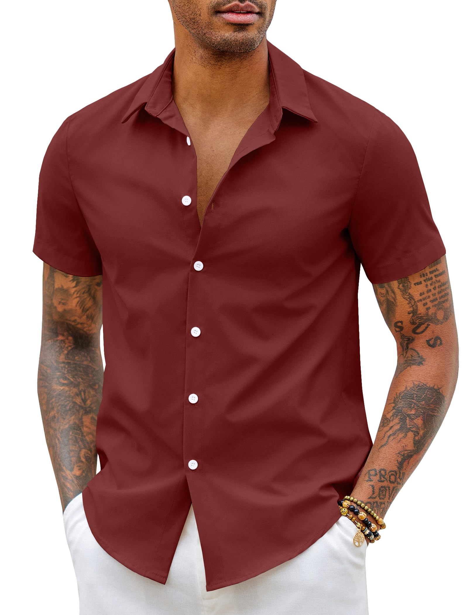 COOFANDY Camisa de hombre de manga corta, elástica, ajustada, para tiempo libre, sin planchado, camisa de negocios, camisa de verano, camisa de manga corta, monocolor, camiseta básica para hombres