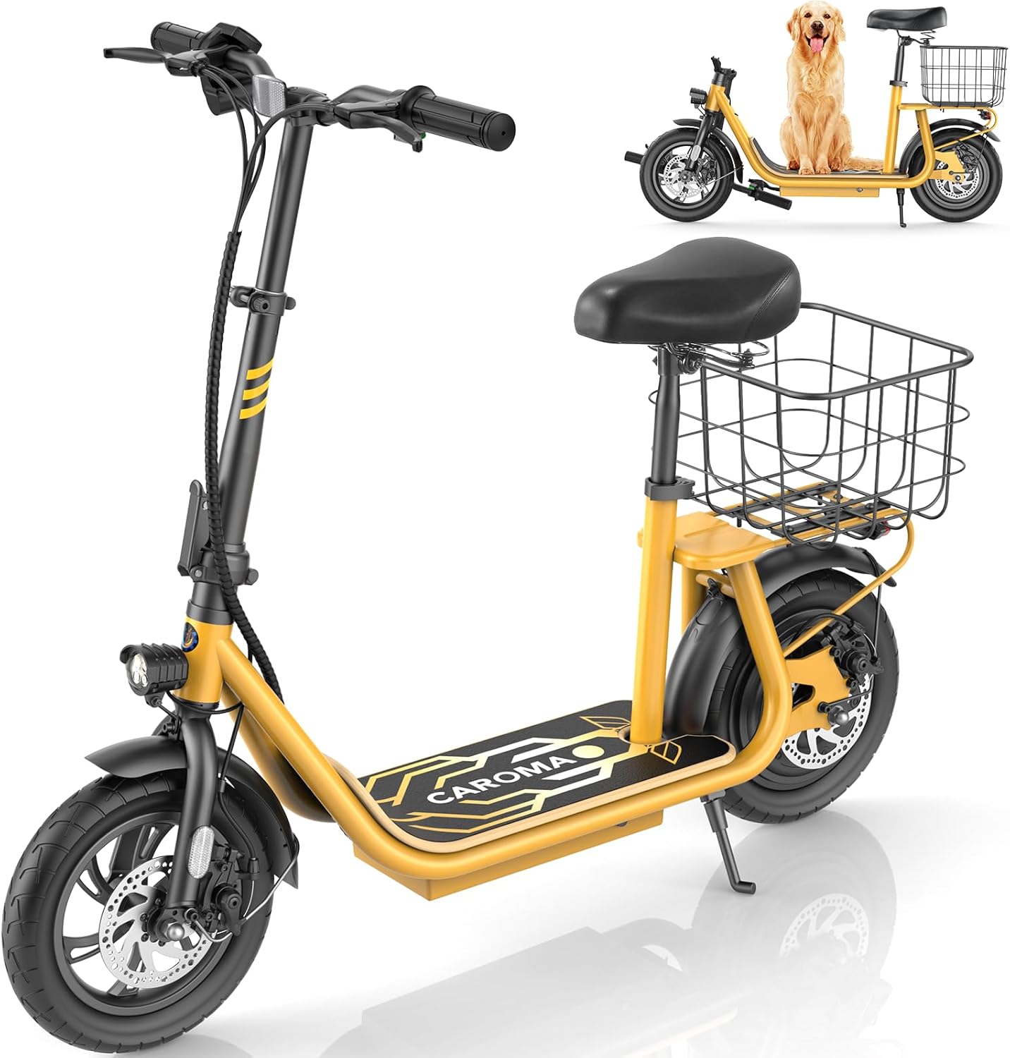 Caroma Electric Scooter with Seat, Max 30 Miles Range&20MPH Speed, Peak 800/1200W Motor, Foldable Electric Scooter for Adults and Teens, Commuter E Scooter with Basket&Adjustable Kid Seat