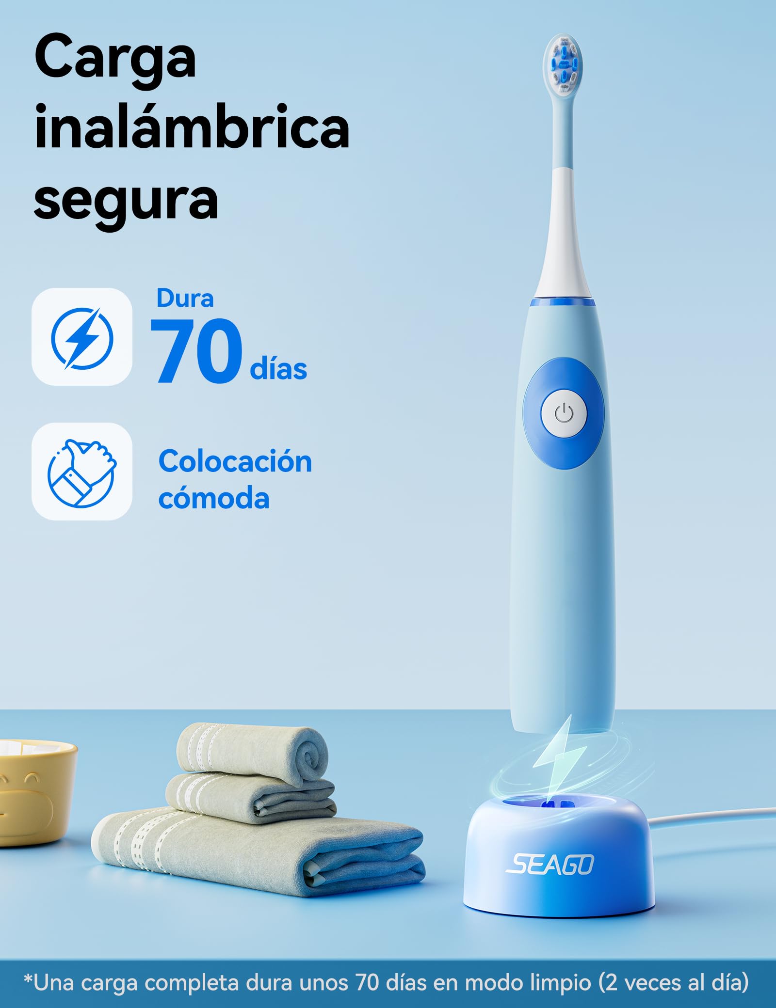 Seago Cepillo de dientes eléctrico para niños de 5 a 8 años, Cepillo de dientes eléctrico infantil con estación de carga, libre de BPA, mango antideslizante de silicona apta para alimentos(Azul)