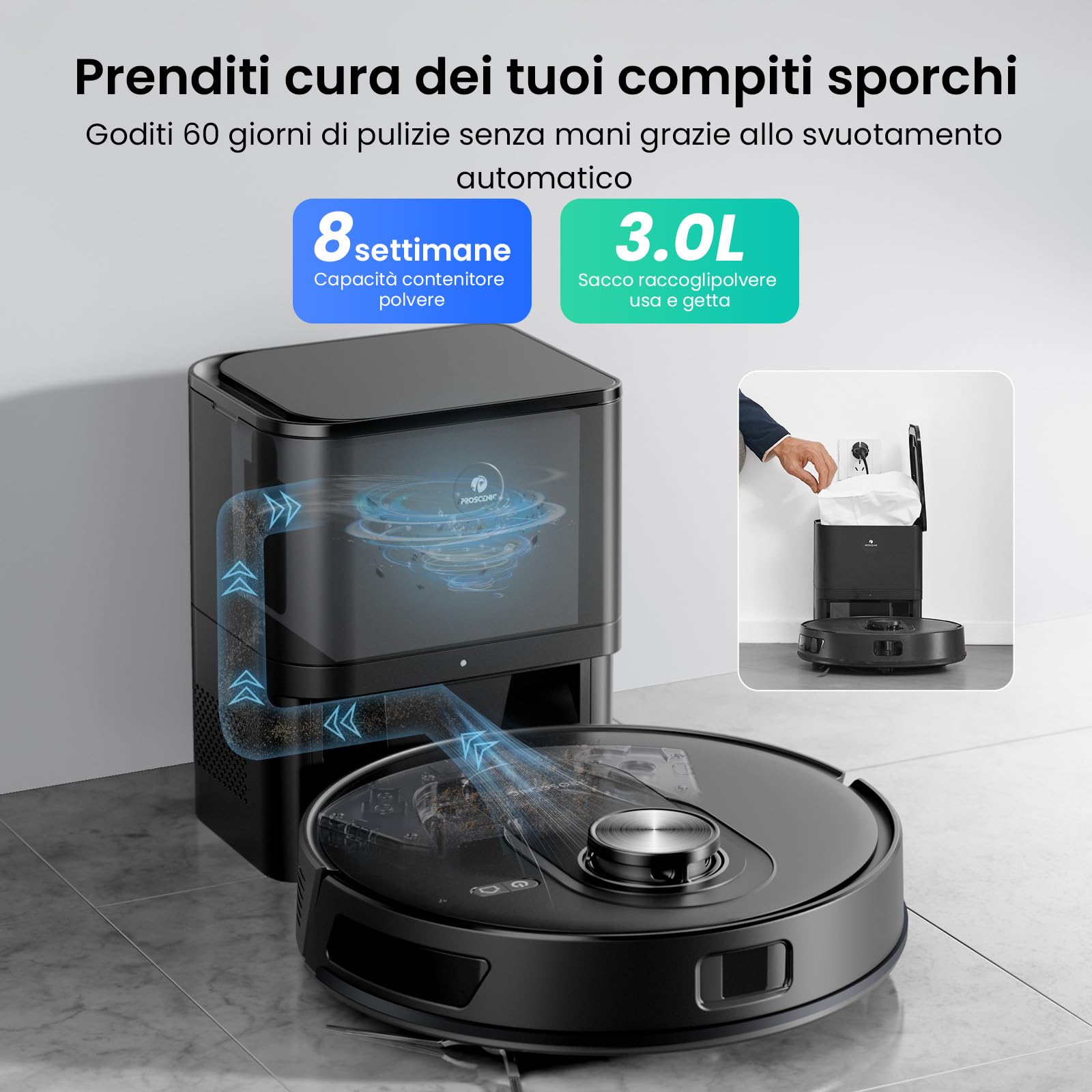 Proscenic Q8 Max+ Robot Aspirapolvere Lavapavimenti con Mappatura 8000Pa, 200 min, Evitamento Automatico Degli Ostacoli, Robot aspirapolvere con WiFi/Alexa/App, per Tappeti/Pavimenti/Peli