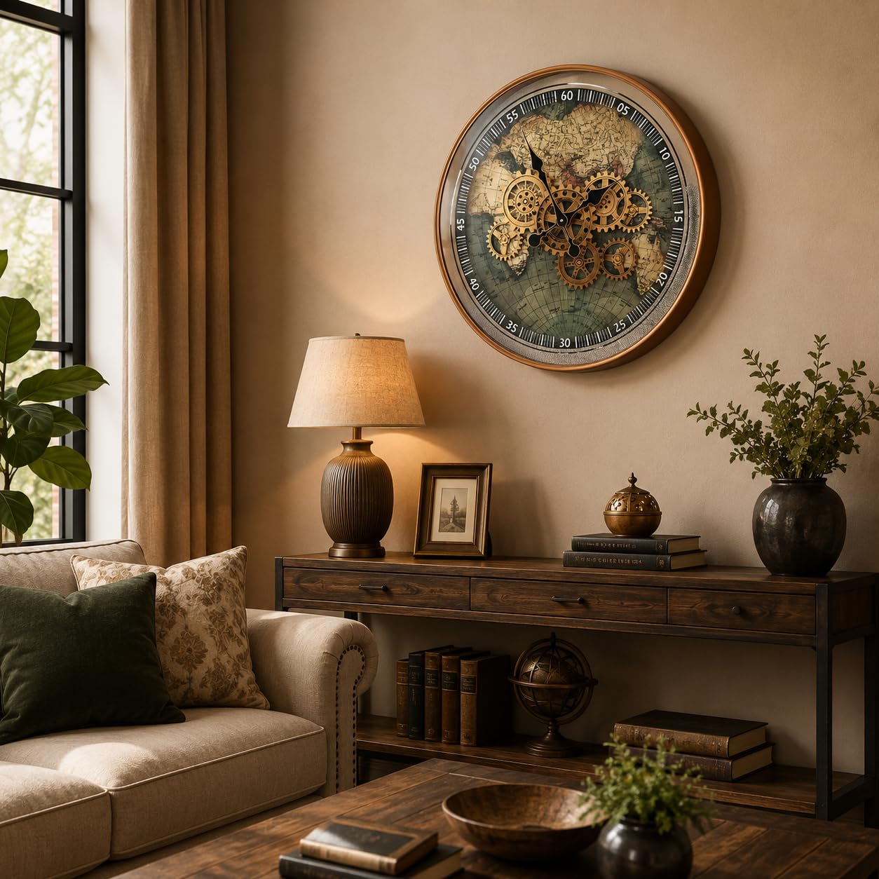 Orologio da parete in metallo con mappa del mondo, 23 pollici, con ingranaggi mobili reali | Orologio a specchio decorativo Steampunk per soggiorno moderno casale ufficio cucina Art Decor,Reloj De Pared Para Sala