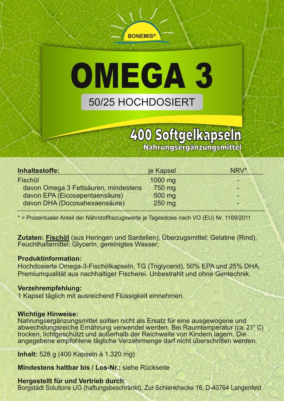 Omega 3, hochdosiert (50/25), 400 Kapseln à 1000 mg hochwertiges Fischöl in Bio-HDPE-Dose (aus Zuckerrohr) mit Originalitätsverschluss und Dichtnapf
