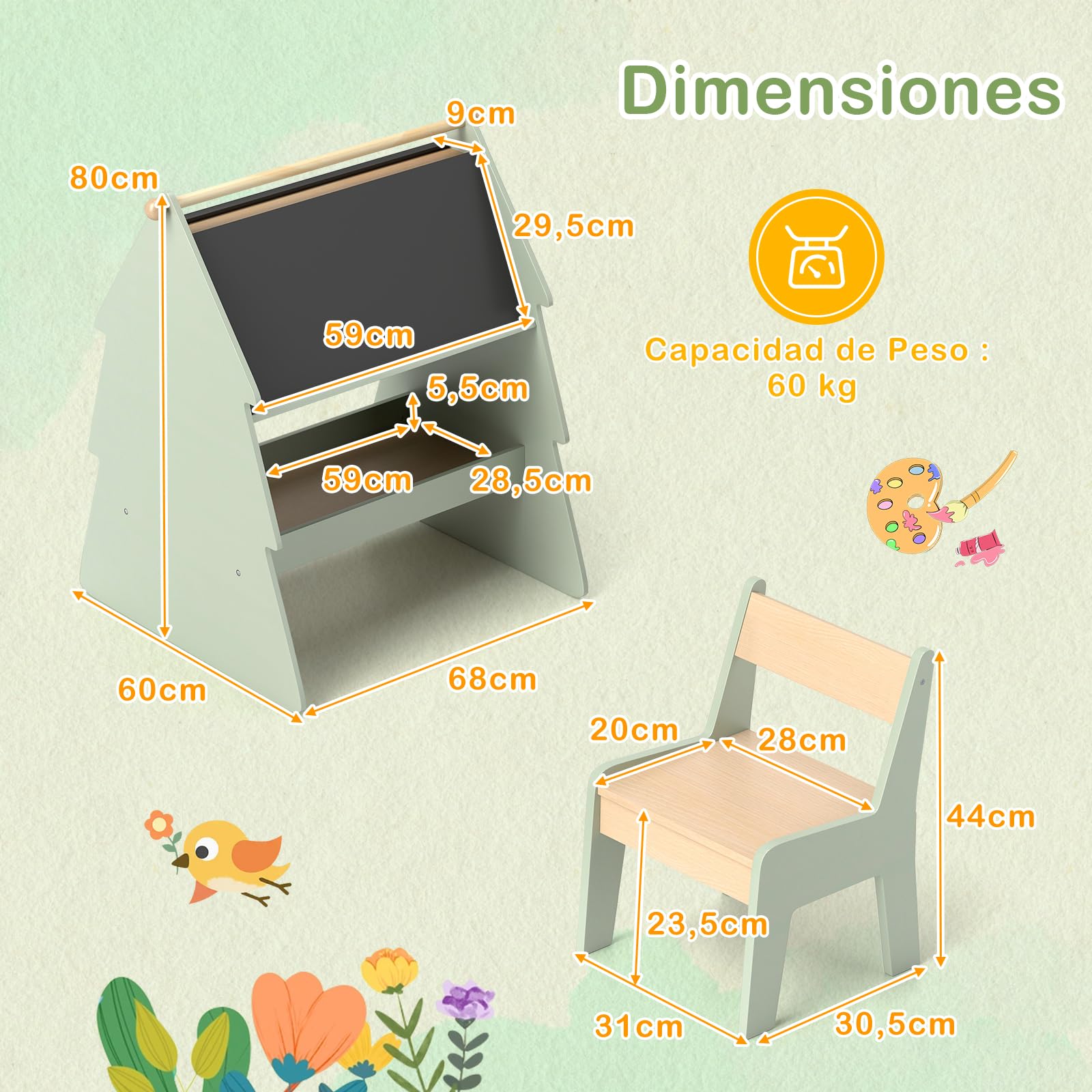 GOPLUS Juego de Caballete y Silla para Niños, Caballete con Pizarra Doble Cara, Mesa y Silla de Dibujo para Niños, con Bobina y Estante para Materiales, Caballete con Forma de Árbol para Pintar