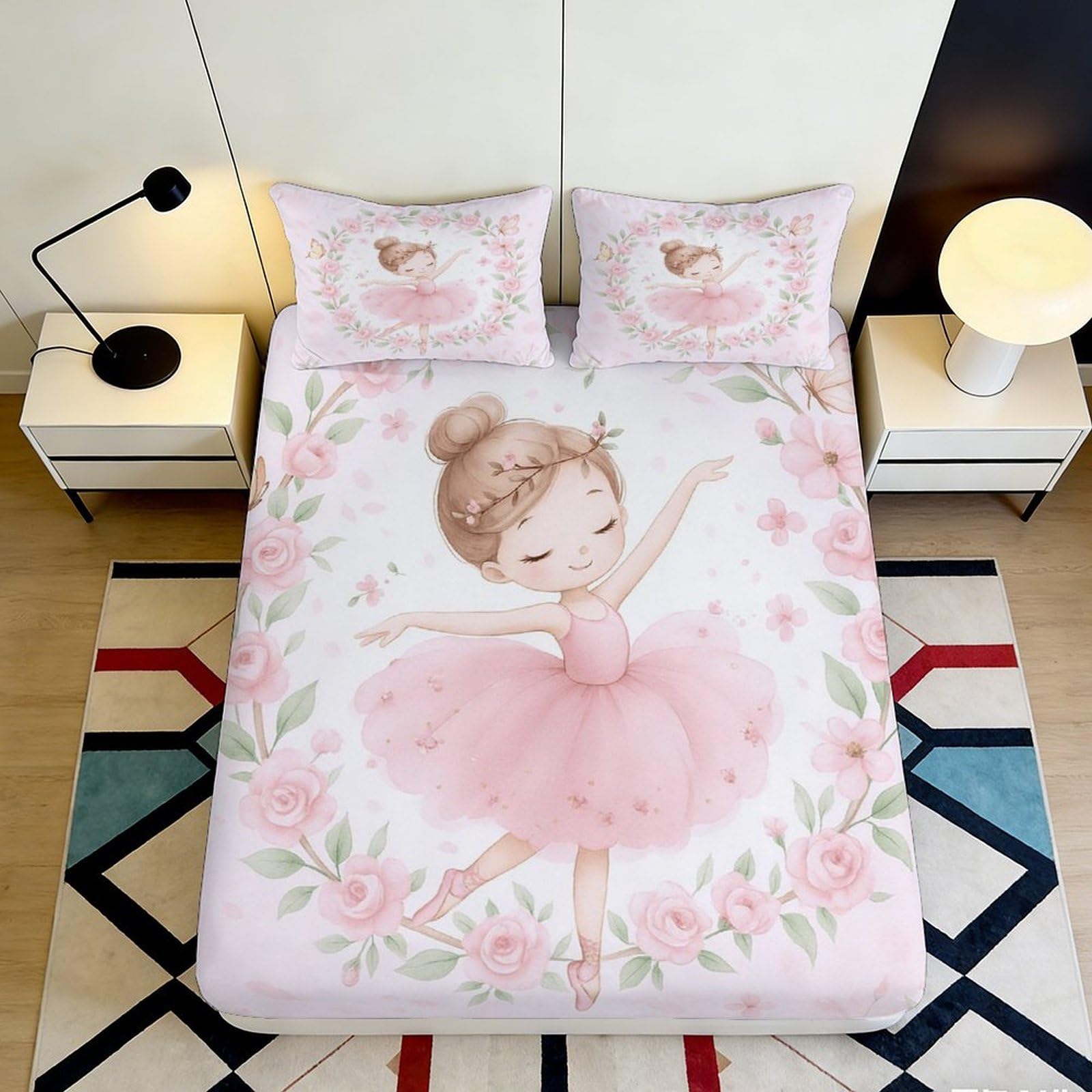 3D Printed Ballerina Ballet Fitted Sheet Microfiber Pink Floral Bed Cover for Bedroom Dorm Mattress Protection Decor 160x200x25cm