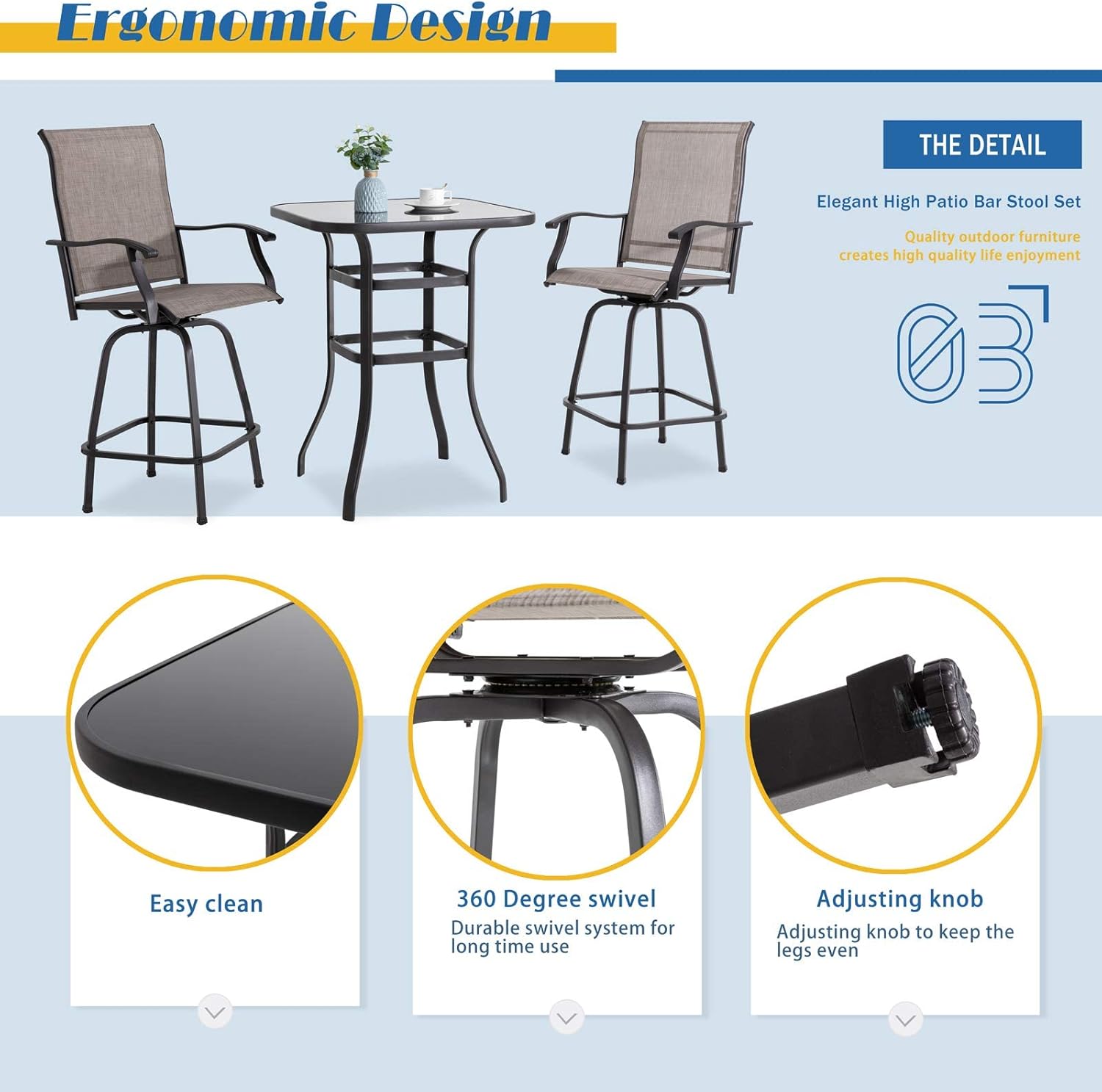 Vongrasig 3 Piece Patio Swivel Bar Set, All Weather Mental Textilene High Swivel Bar Stools Chair Set of 2 and High Glass Bar Table, Outdoor High Top Bistro Set for Lawn Garden, Balcony, Taupe : Patio, Lawn & Garden