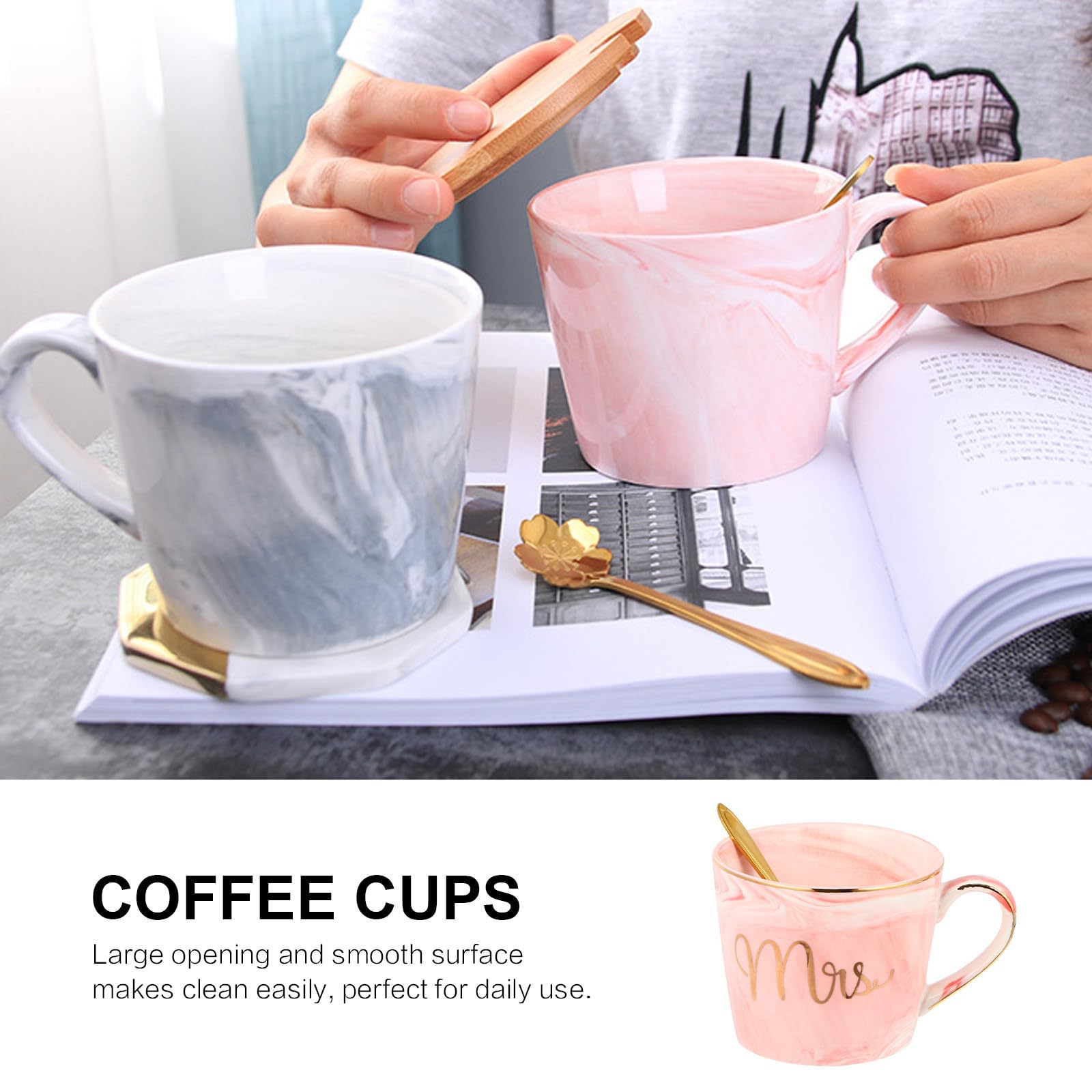 Gadpiparty Ensemble de 2 Tasses à Café en Céramique Effet Marbre Grosse Ouverture, Facile à Nettoyer, Cadeau Créatif pour Couple Lors des Fiançailles ou Mariage