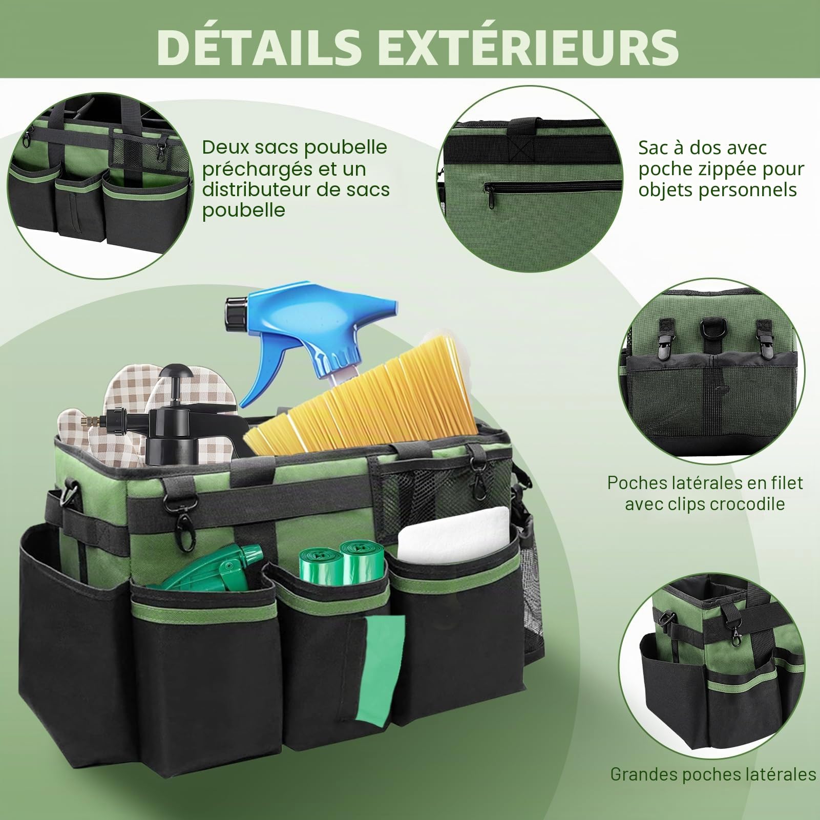 Sac de nettoyage portable en tissu Oxford déperlant avec bandoulière réglable et plaque de fond renforcée – Organiseur de fournitures à séparateurs amovibles pour femme de ménage et nettoyeurs
