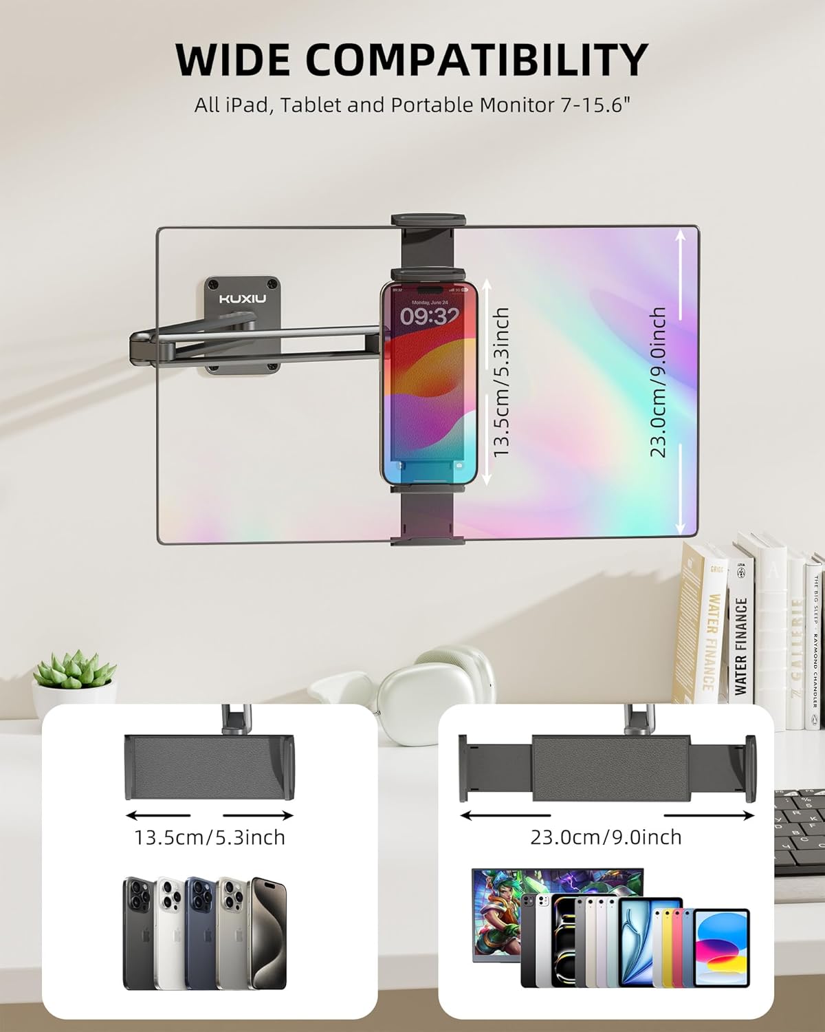 KU XIU Aluminum Alloy Tablet Wall Mount Holder for iPad, Foldable Portable Monitor Stand 360° Adjustable Wall Arm Mount for iPad Pro Air 13/11" 2024, iPad 10/9th, Samsung Galaxy Tab, 7-15.6'' Tablet