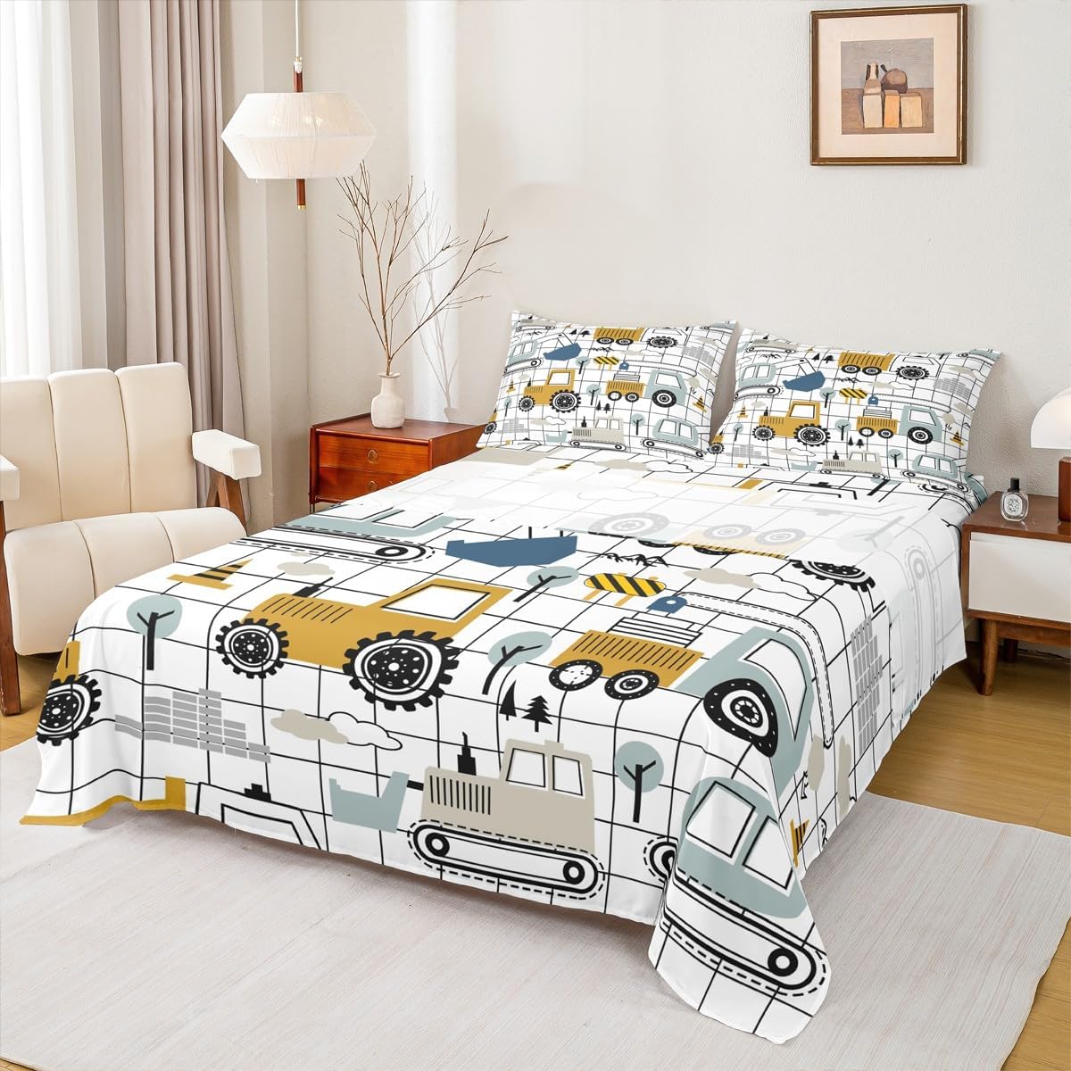 Feelyou Construction Sheet Set Full Size Kids Excavator Tractor Toddler Sheets with Deep Pocket Fitted Sheet Cartoon Car Equipment Trucks Plaid Grid Bed Sheets Set Vehicles White Bedding Set