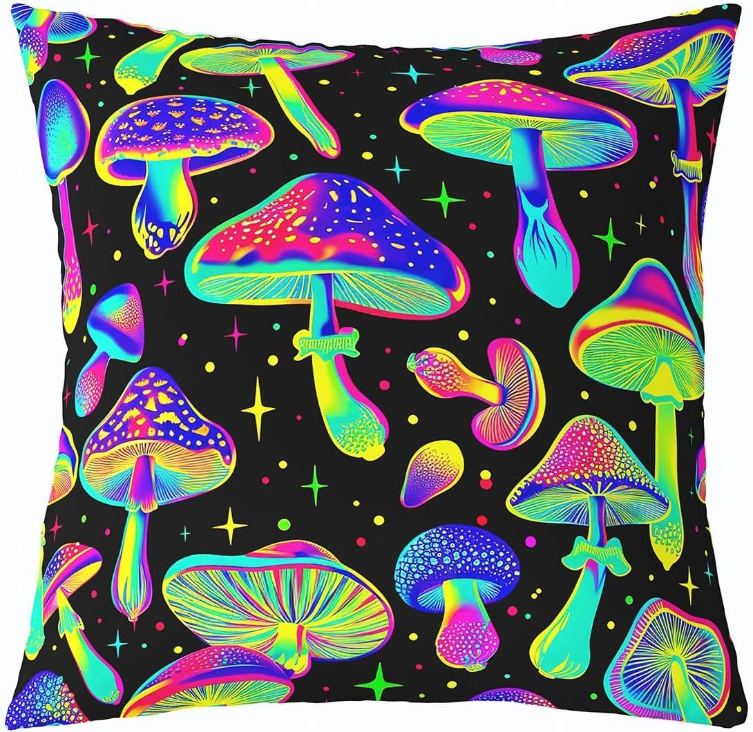 Manfei Watercolor Wild Plants Double Sides Print Pillow Cover,Colorful Mushroom Pillowcase Soft Square Cushion Case 24"x 24",Glitter Hippie Graffiti Throw Pillow Covers for Living Room Decor