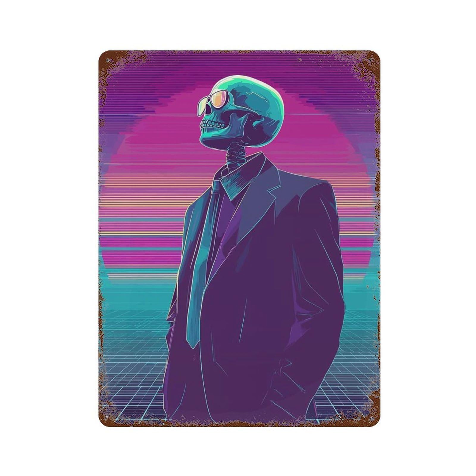 Aged Metal Wall Plaque with Skeleton in Suit - Synthwave Style Design 15.7"x11.8", for Basement, Hobby Room And Garage Decor, Farmhouse Wall Decor