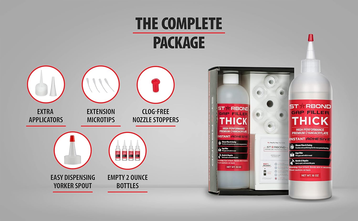 Starbond Thick CA Glue Complete Refill Kit (16 oz) – Gap Filler Cyanoacrylate Super Glue with Extra Bottles, Caps, Microtips & Yorker Spout for Woodworking, Carpentry, Hobby Models, Archery Fletching