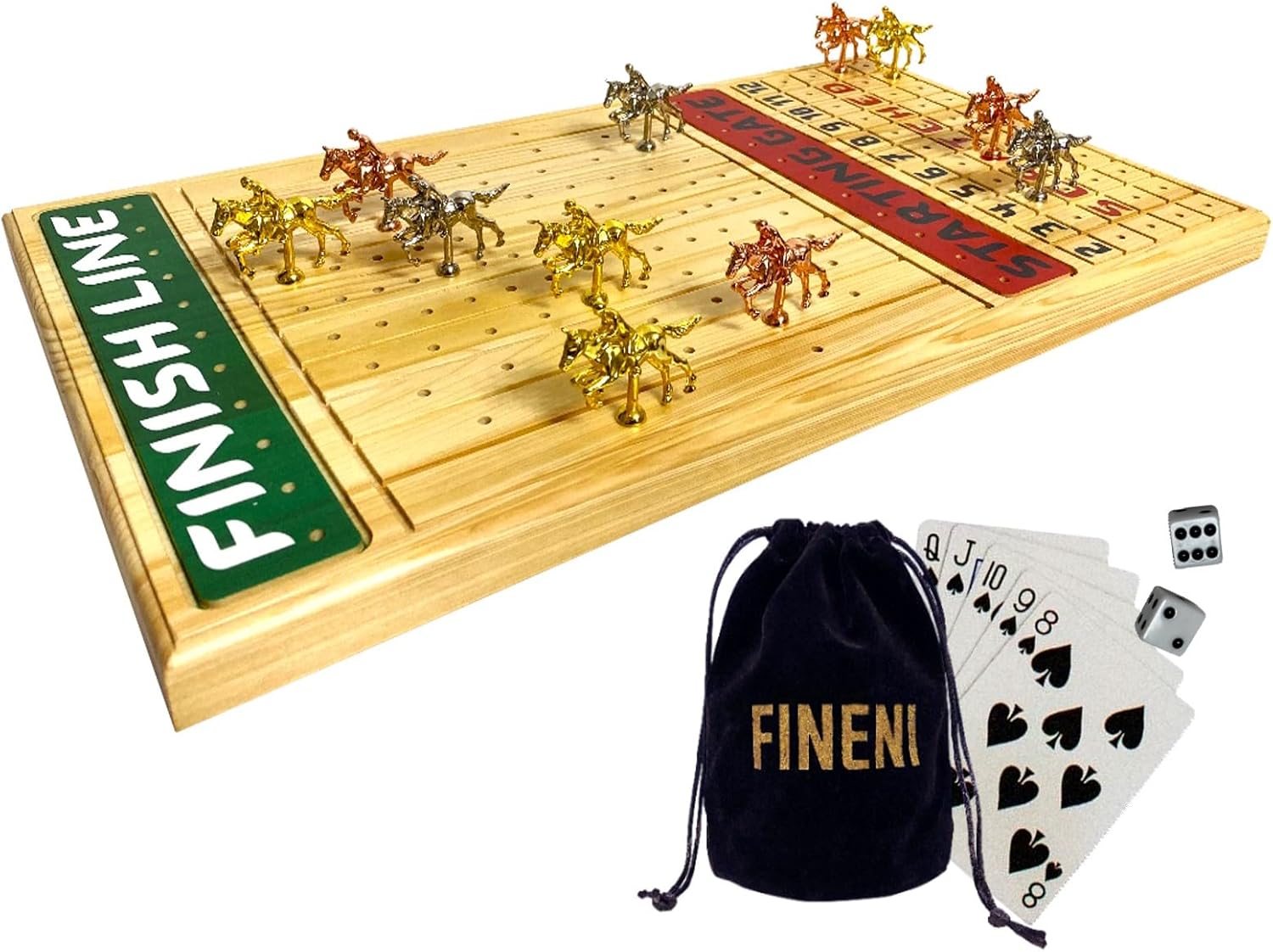 Horse Racing Game for Adults With 11 Luxurious Metal Horses (Silver, Black, Rose Gold), 22" Pine Wood Race Game Board, Dice & Card Included (Log Color3)