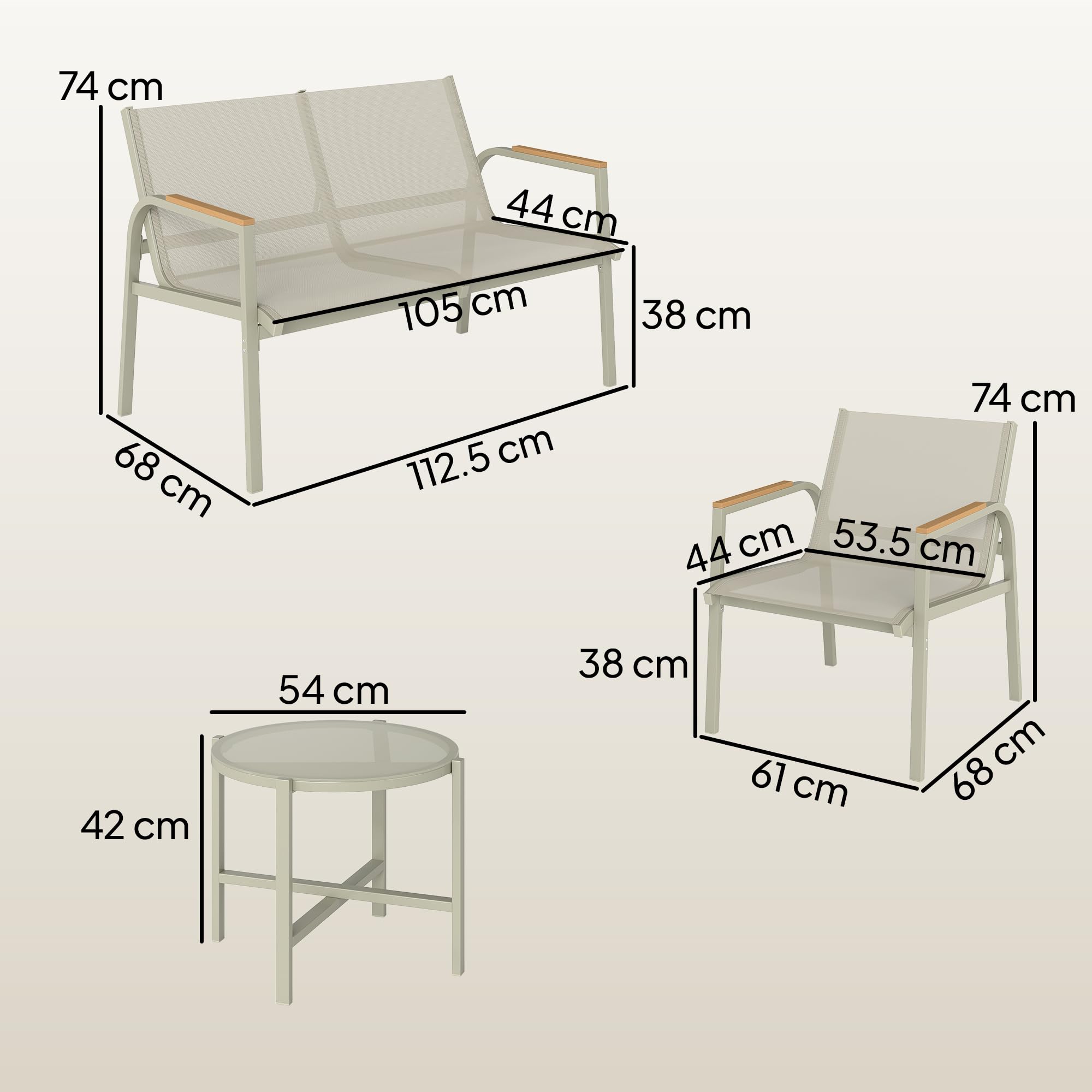 Outsunny Set Salotto da Giardino 4 Pezzi, Divano 2 Posti, Poltrone, Tavolino Vetro Temperato, Metallo, Verde