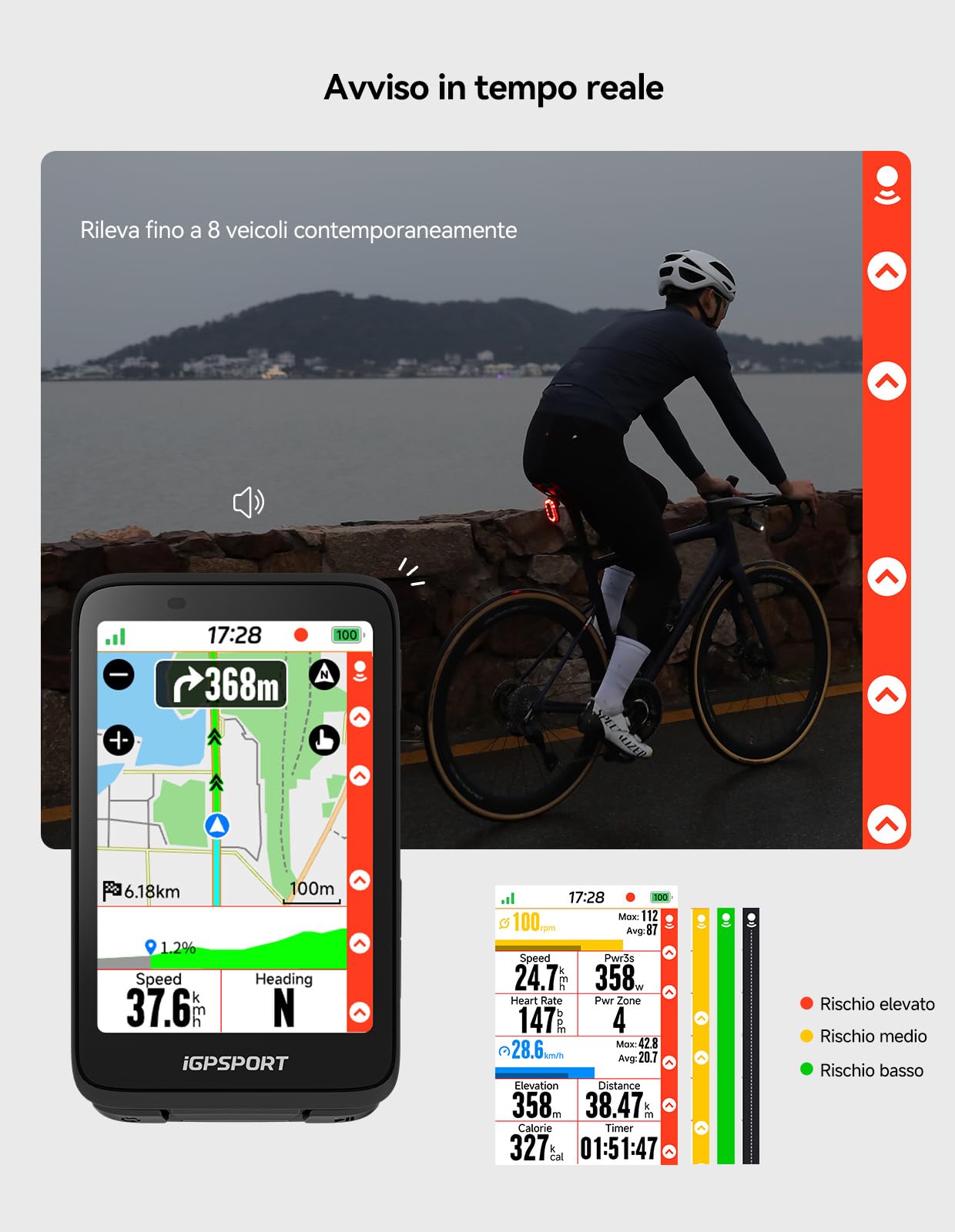 iGPSPORT SRmini Rear Light Bike Radar, 20 ore Battery Distance Vision 1.6 km Brake Detection Auto On/Off Function, MAX 65 lumen, Ant+, Bluetooth 5.0, IPX7
