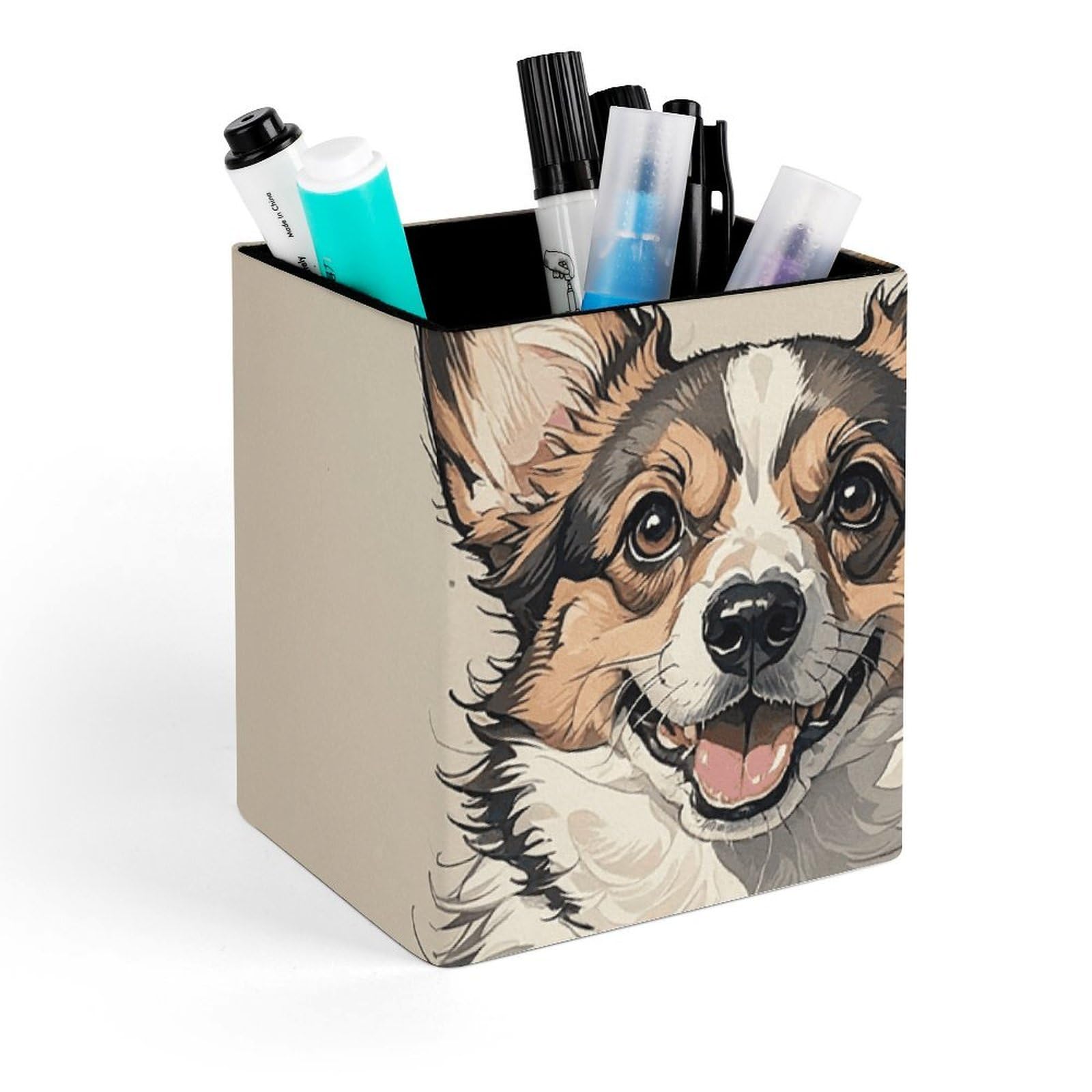 FekiLoot Hand Drawn Sketch Corgi Pencil Holder Square Leather Pen Holder Cup Modern Multi-Functional Pencil Cup Holder Decorative Desk Organizer Caddy Makeup Brush Holders for Desk Office