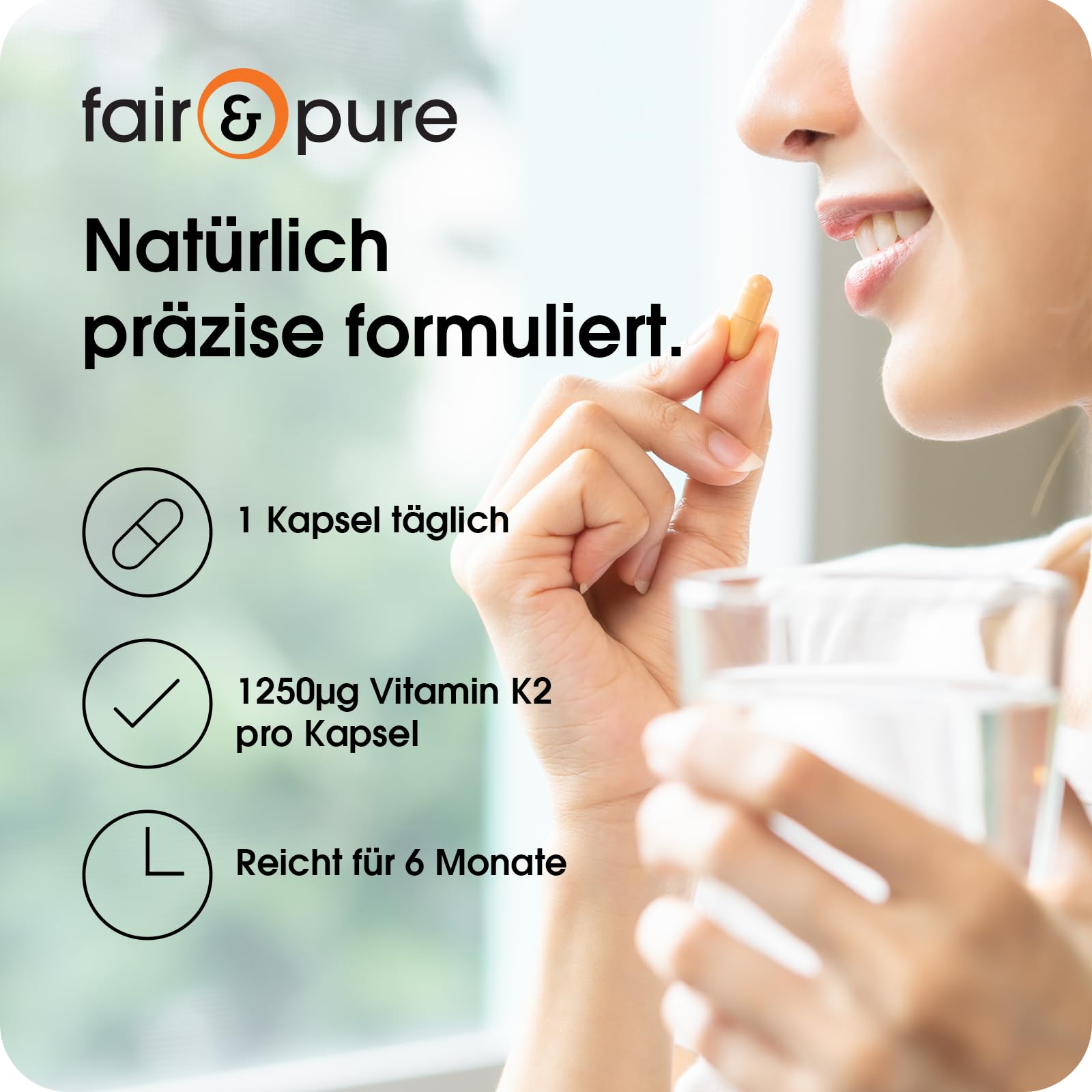 Fair & Pure Vitamin K2 Komplex 1250μg MK-4 & MK-7, 180 Kapseln, schluckfreundlich, hochdosiert, Nahrungsergänzungsmittel vegan ohne Magnesiumstearat, in Deutschland hergestellt