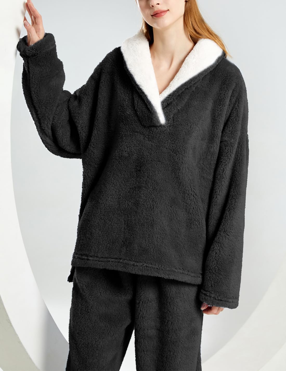 Sukany Ensemble de pyjama moelleux 2 pièces en polaire douce et confortable pour femme - Pull et pantalon chaud en peluche - Vêtement de détente d'hiver pelucheux