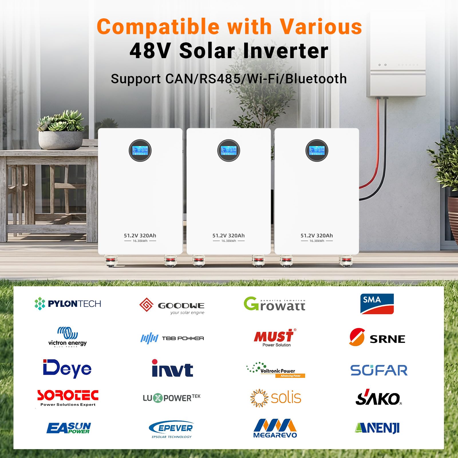 48V 320Ah LiFePO4 Batterie 16.384kWh Stromspeicher und Leistungsschaltern 200A BMS RS485/CAN/RS232 mit Bluetooth WLAN für Notstromversorgung zu Hause Netzunabhängige Solaranlagen