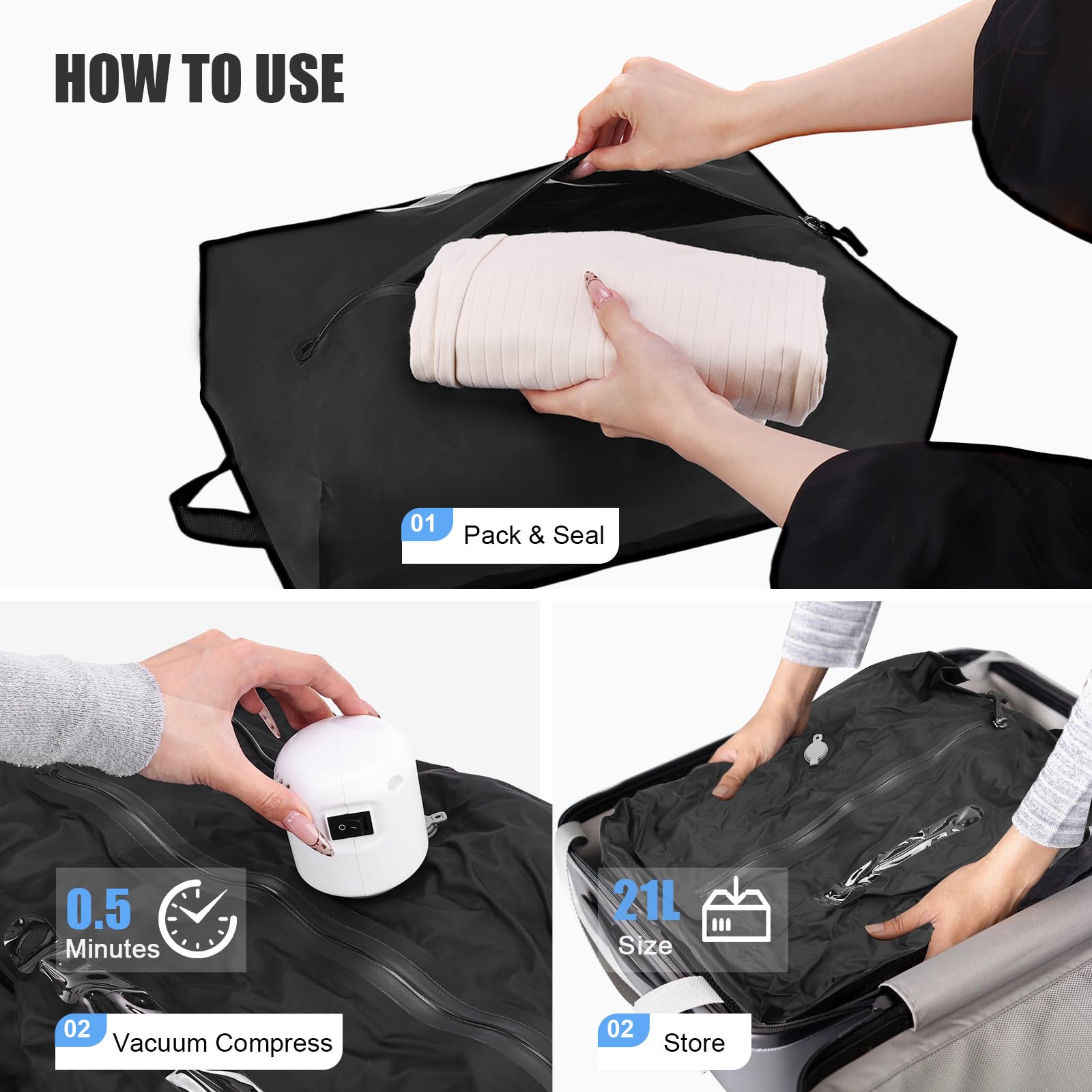 Lot de 4 sacs sous vide pour voyage avec pompe, sacs de compression réutilisables de 21 L avec fermeture éclair étanche IP68, sacs de voyage sans air pour bagages familiaux et rangement à la maison