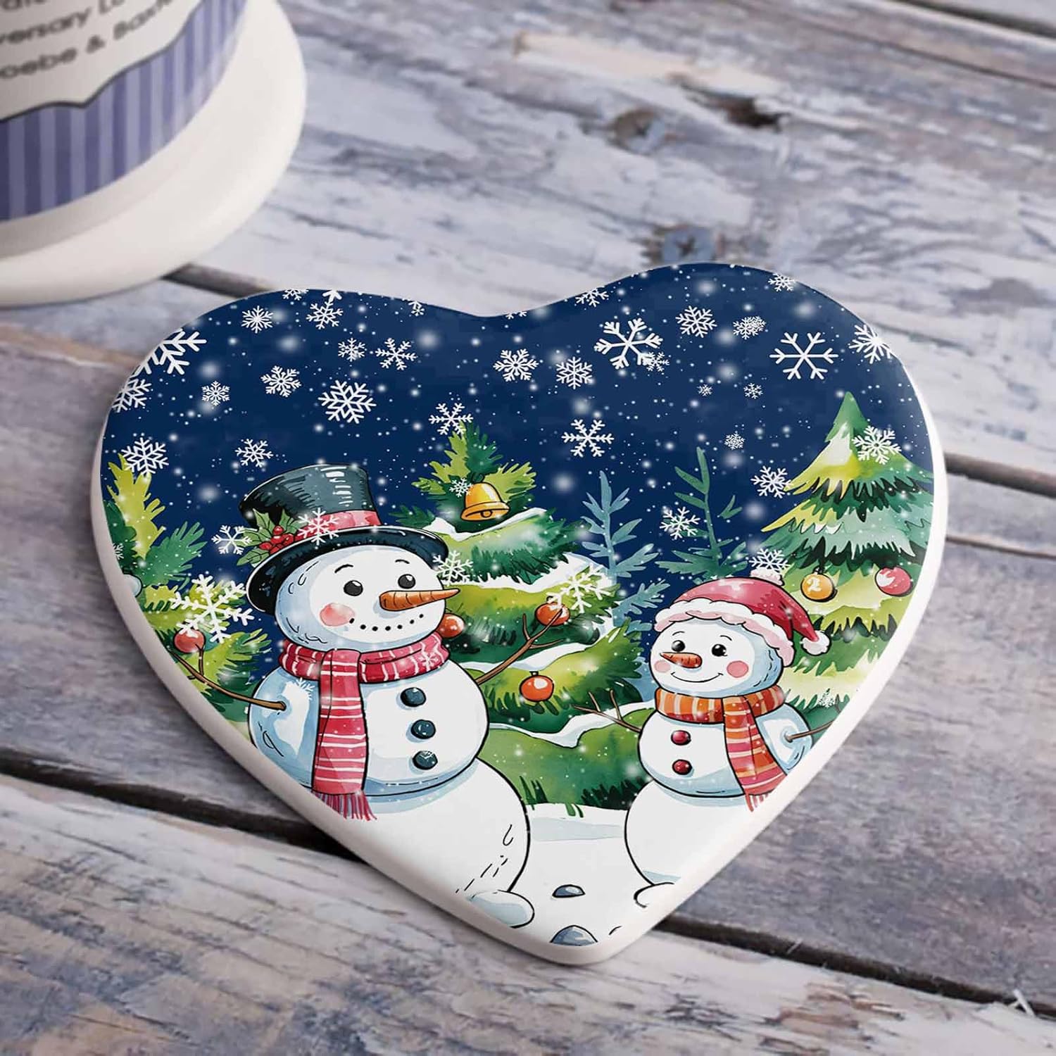 陶製コースター ハート形 冬 クリスマスツリー 雪だるま 雪花 紺色バック 吸水 8枚セット 直径11cm 速乾 杯垫 滑り止め 耐