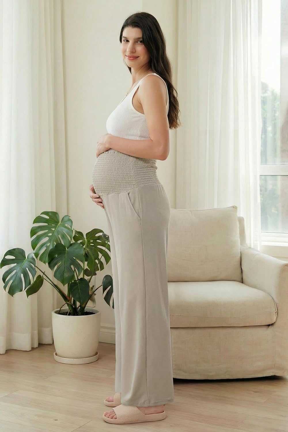 OUGES Womens Lyocell Cotton Maternity Pants Over Belly Smocked Waist Stretchy Casual Wide Leg Palazzo Pants with Pockets