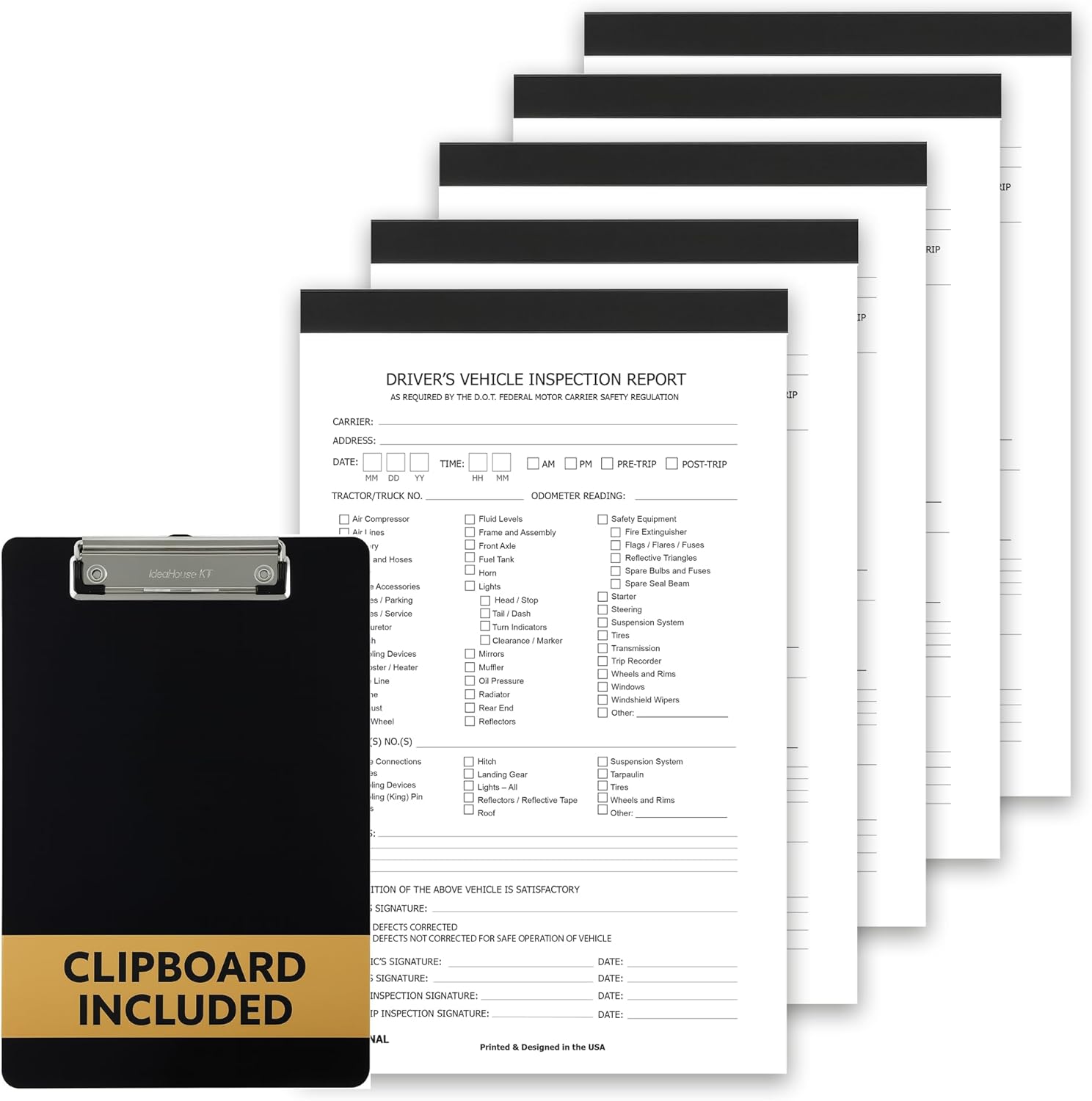 Driver Vehicle Inspection Report Book with Clipboard - 2-Ply Carbonless DVIR Forms, 35 Sets, 5.5" x 8.5", FMCSA Compliant Pre-Trip & Post-Trip Checklist Log for Truckers, Easy Tear-Out Sheets (5 Pack)