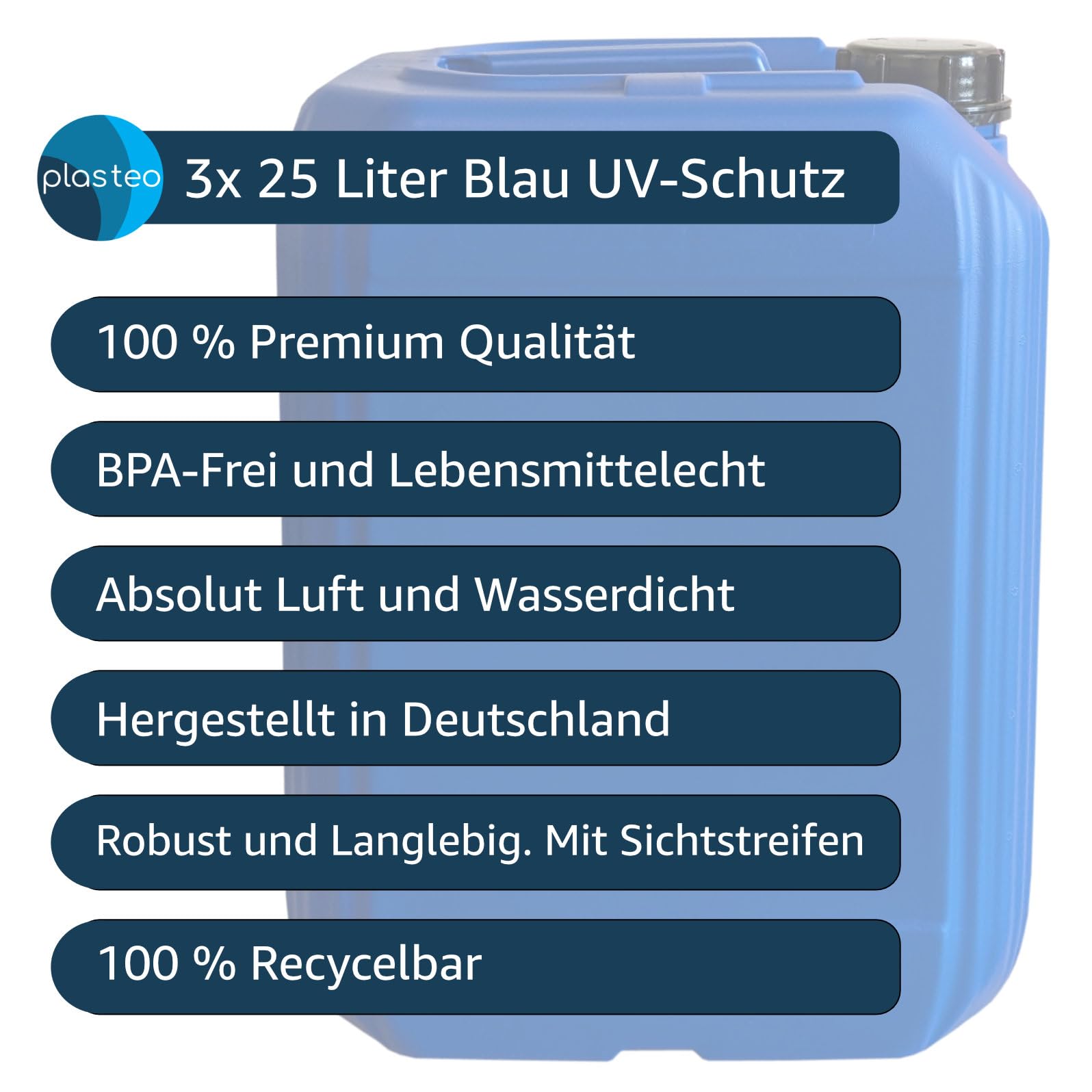 plasteo 25 Liter Getränke Wasserkanister mit 1 Hahn und Schraubdeckeln (DIN 61), Blau