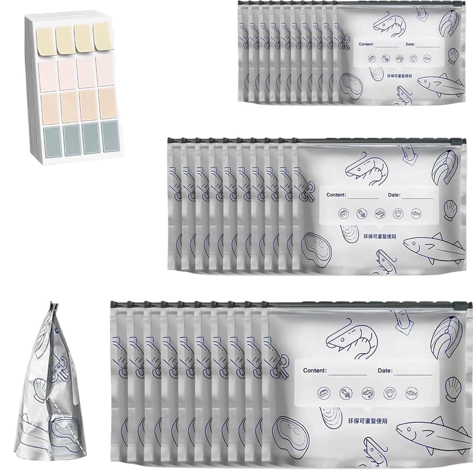 Reusable Aluminum Foil Sealable Storage Bags, Reusable Freezer Bags,Food Bags Zip Seal with Label for Frozen Meat Vegetables Sandwiches Snacks (3PC-30(m+s+l))