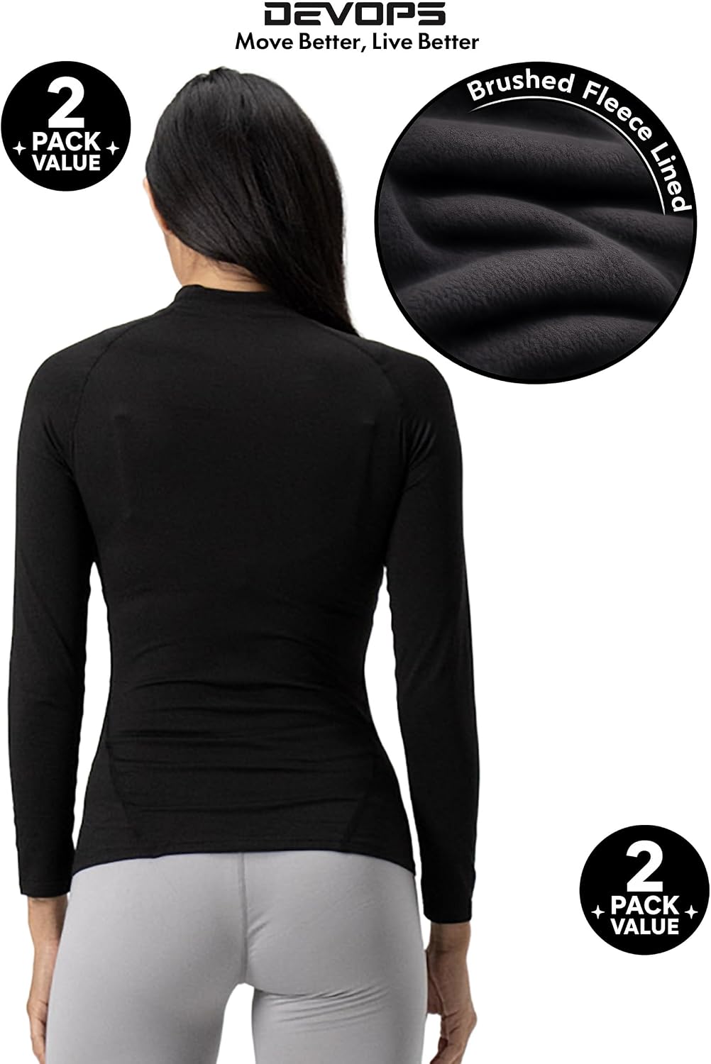 DEVOPS Women's 2 Pack Thermal Turtle Neck Long Sleeve Shirts Compression