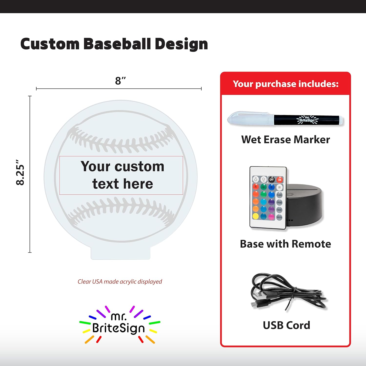 Customizable Color Change LED Sign with Premium USA Made Acrylic – Personalized Baseball Design with Illuminated Light Up Base and Wet Erase Marker, for kids room, gift, bedroom decor, or trophy