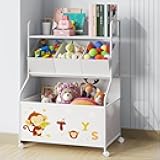 BBLIKE Toy Storage Organizer with Wheels - 3-Tier Kids Large Toy Box, Toy Chest Storage for Boys Girls Toddlers, Kids Bookshelf with 3 Fabric Toy Boxes for Playroom, White