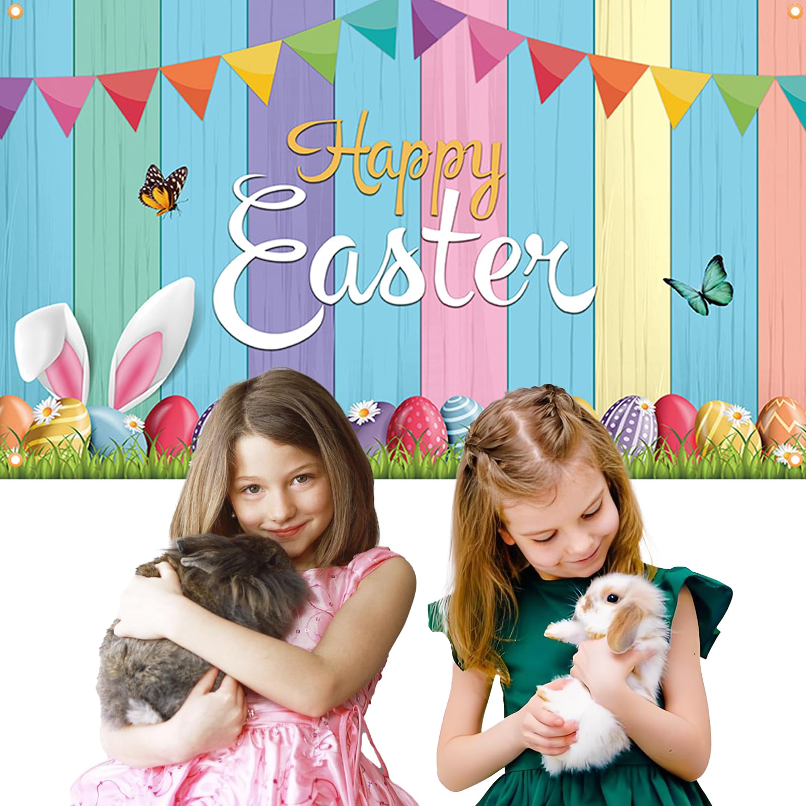 HattusaShield Happy Easter Banner Decorations,150 x 90cm Easters Backdrops with Eggs Rabbit Bunny with Eyelets - Image 3