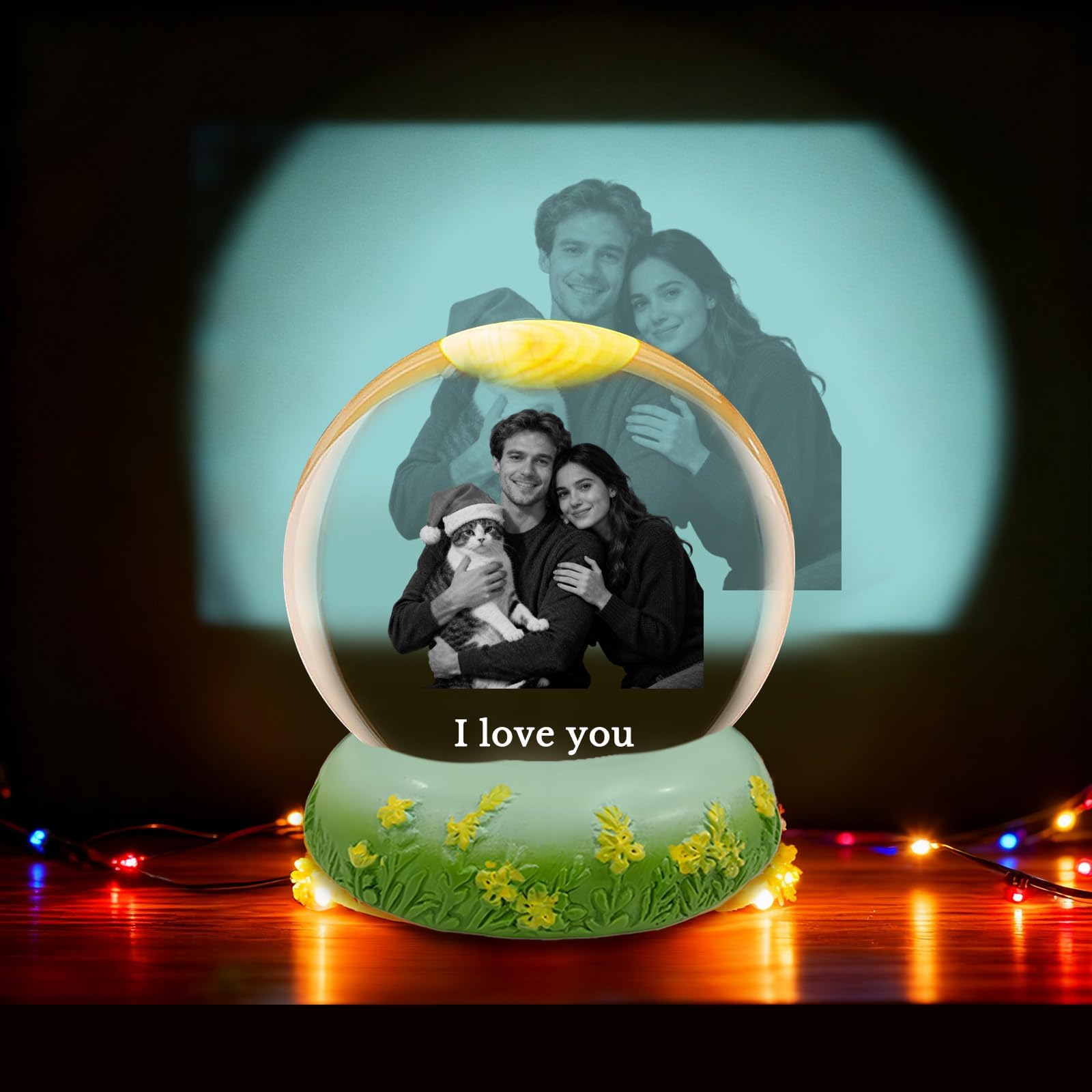 Custom Snow Globe with Photo, Personalized Lighted Christmas Crystal Ball, Custom Engraved Picture Name Snow Globe for Family Kids Mom Dad