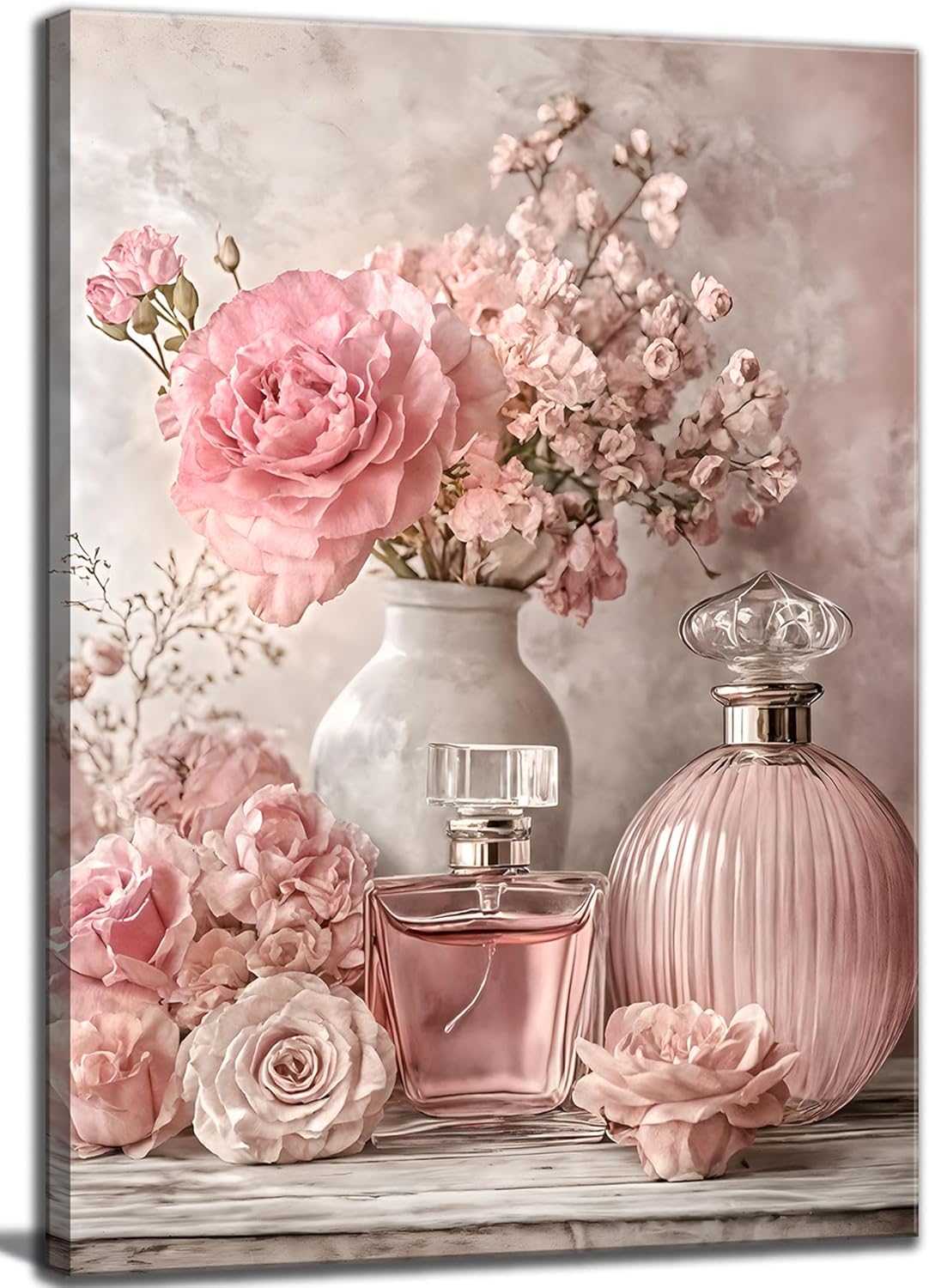 Pink Floral Canvas Wall Art Rose Flowers Plant painting Decor Picture Perfume Botanical Posters Prints for Living Room Dressing Preppy Apartment Valentine's Day Bedroom Corridor Home Decoration