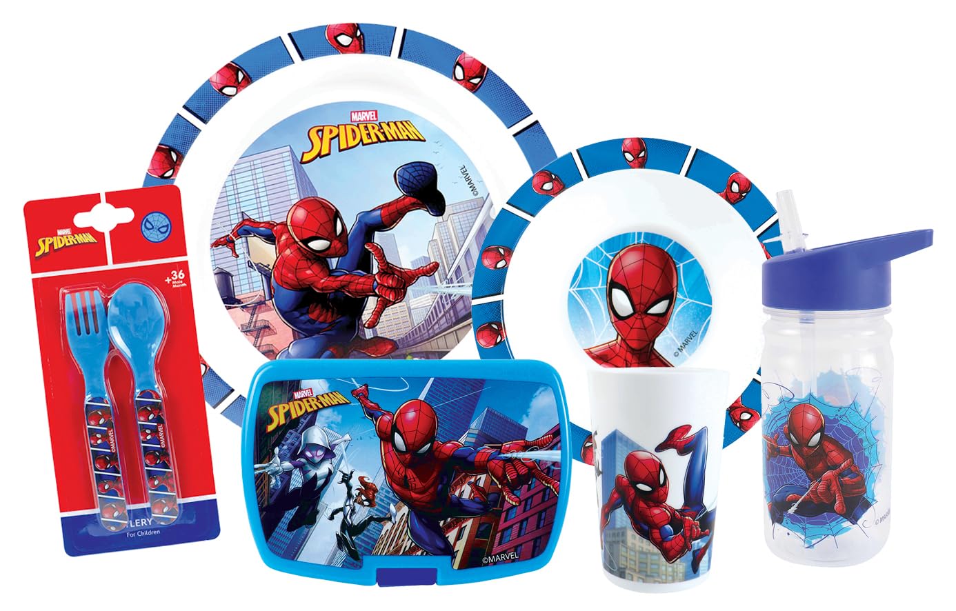 FUN HOUSE Set Complet Boîte Repas Spiderman Enfant 1 Verre 2 Assiettes Couverts Gourde Boîte Goûter Officiel Réutilisable Micro-ondable