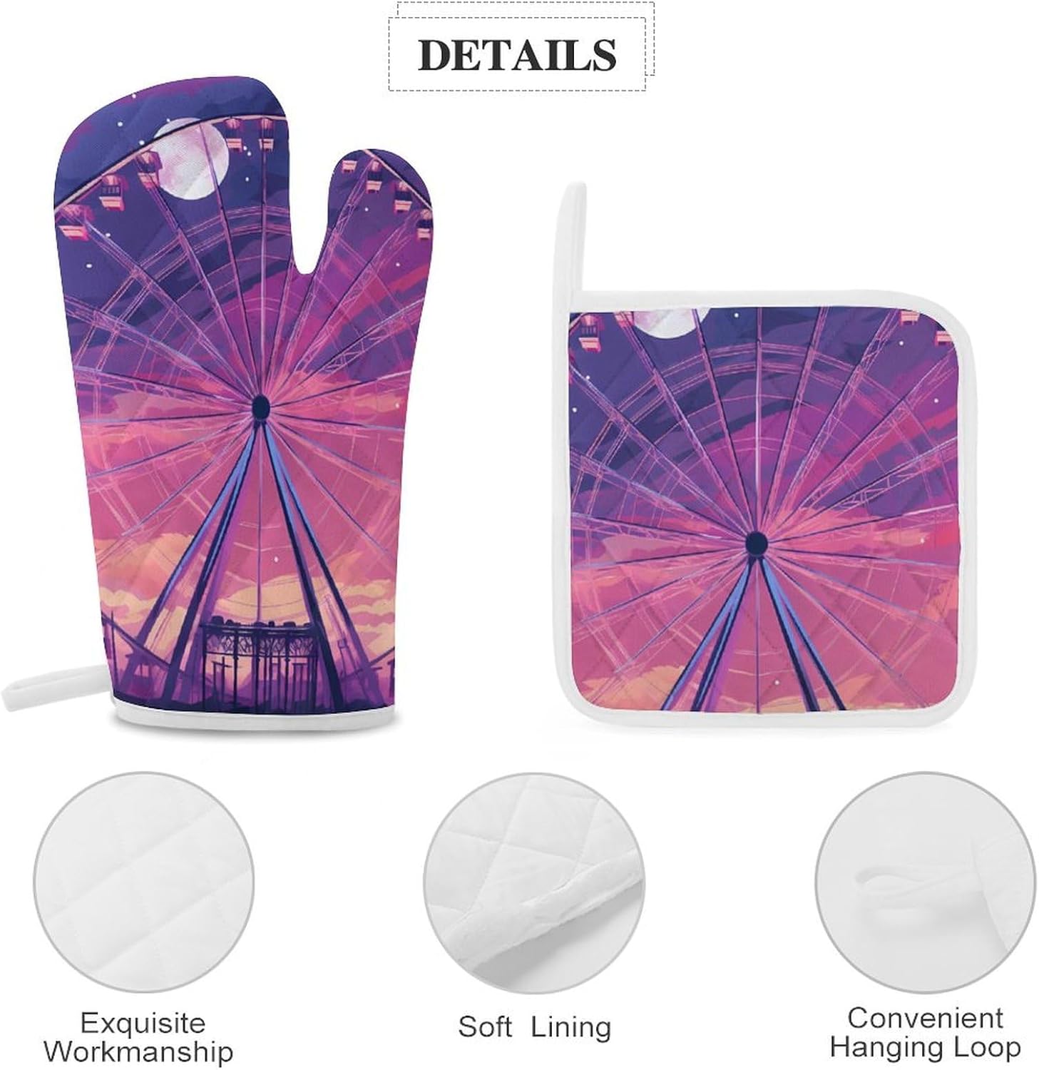 Purple Sky Ferris Wheel 4 Pcs Oven Mitts and Pot Holders Set High Heat Resistant Long Kitchen Oven Glove Potholders